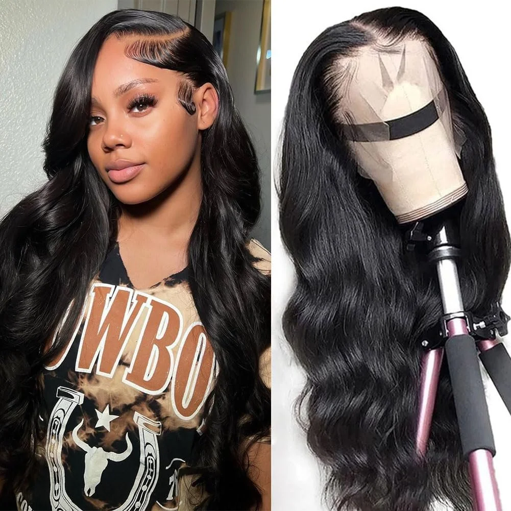 100% Human 32 Inch 13x6 Body Wave Wig HD Lace Pre Plucked w Baby hairs Natural Black color