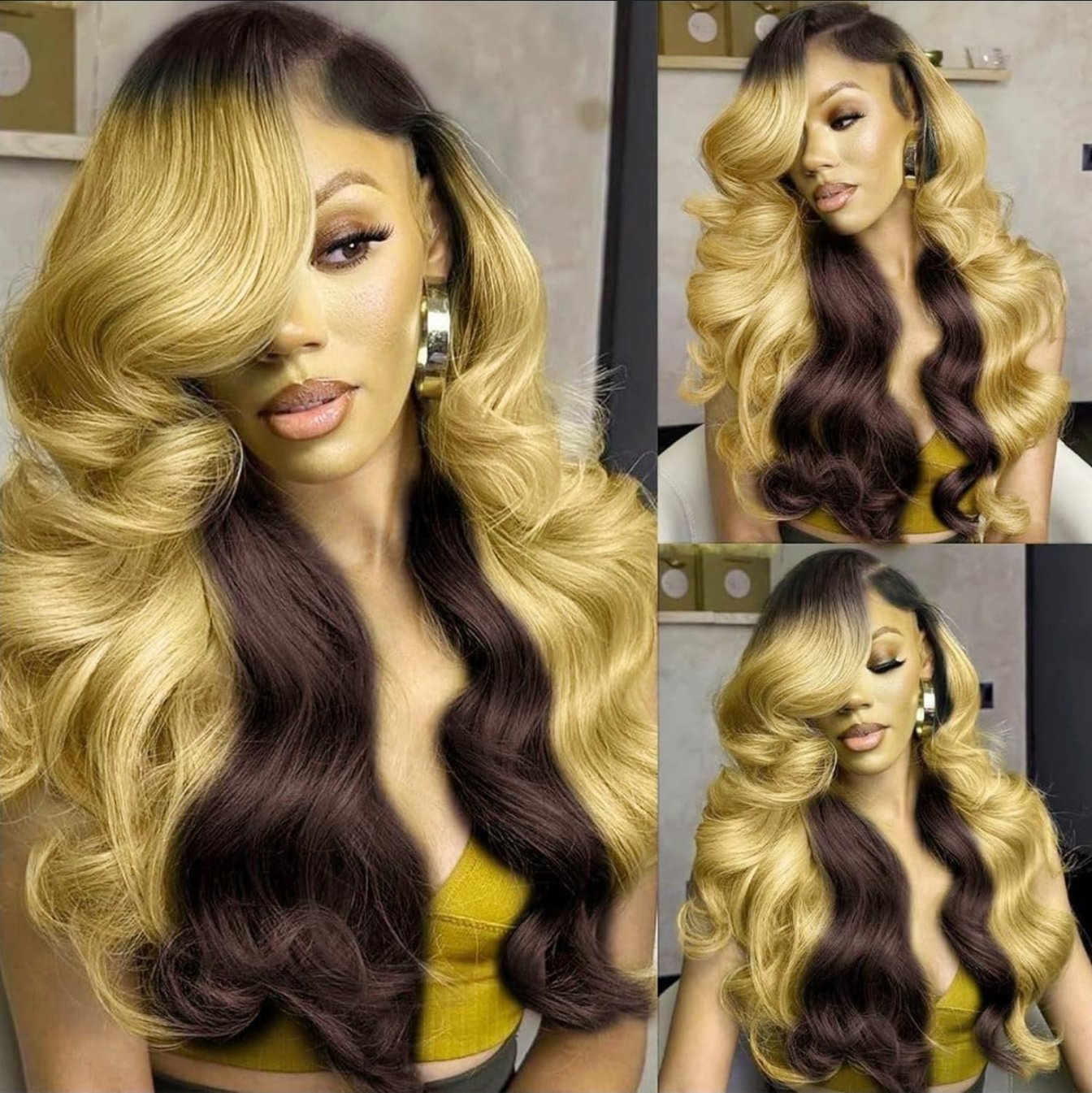 100% Human 200% Density Ombre Body Wave Honey Blonde/Chocolate Wig Pre Plucked 13x6 HD Lace Front Wig