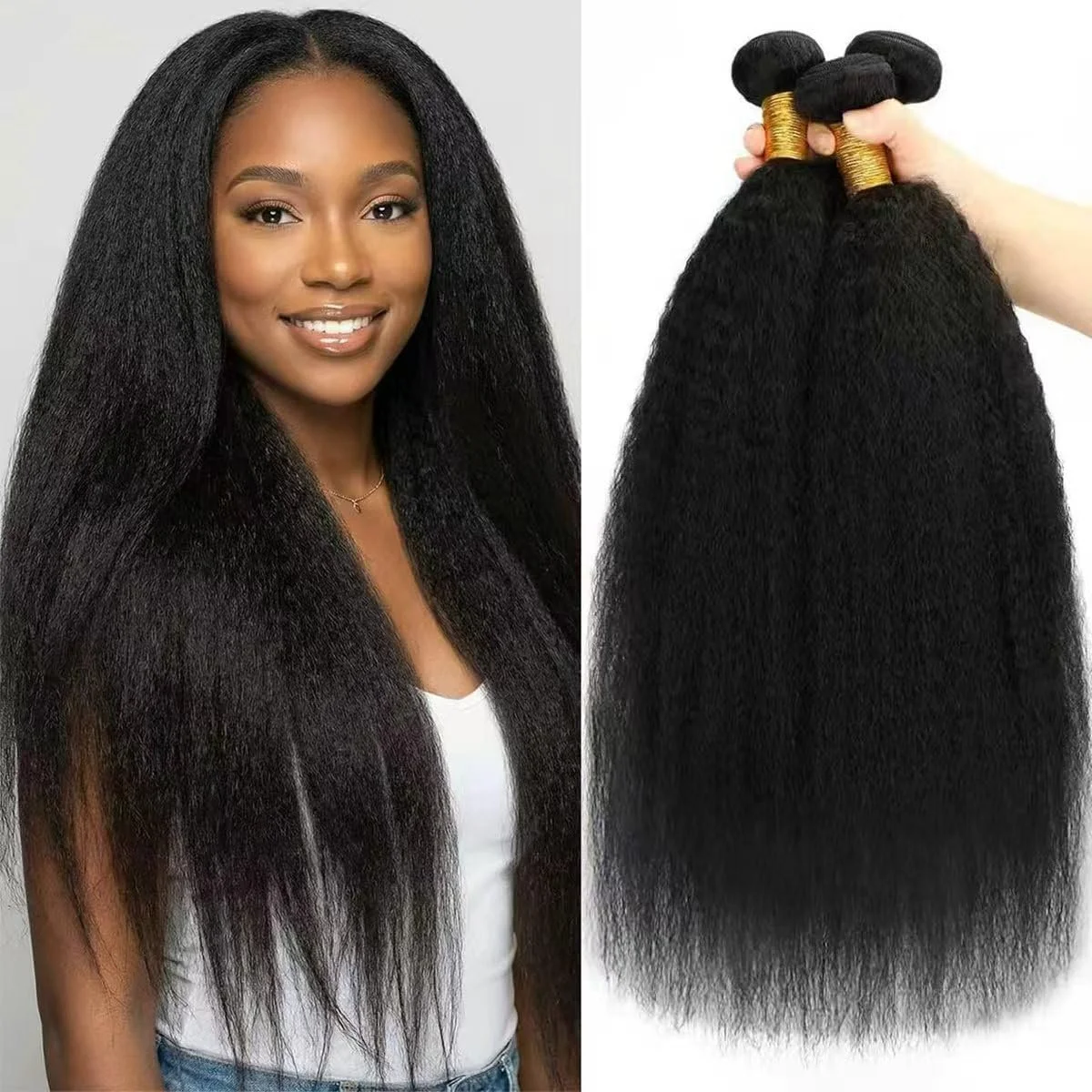 100% Human Kinky Yaky Straight Bundles 3 Bundles 100% Unprocessed Brazilian Virgin Remy Hair Bundles Natural Black Color