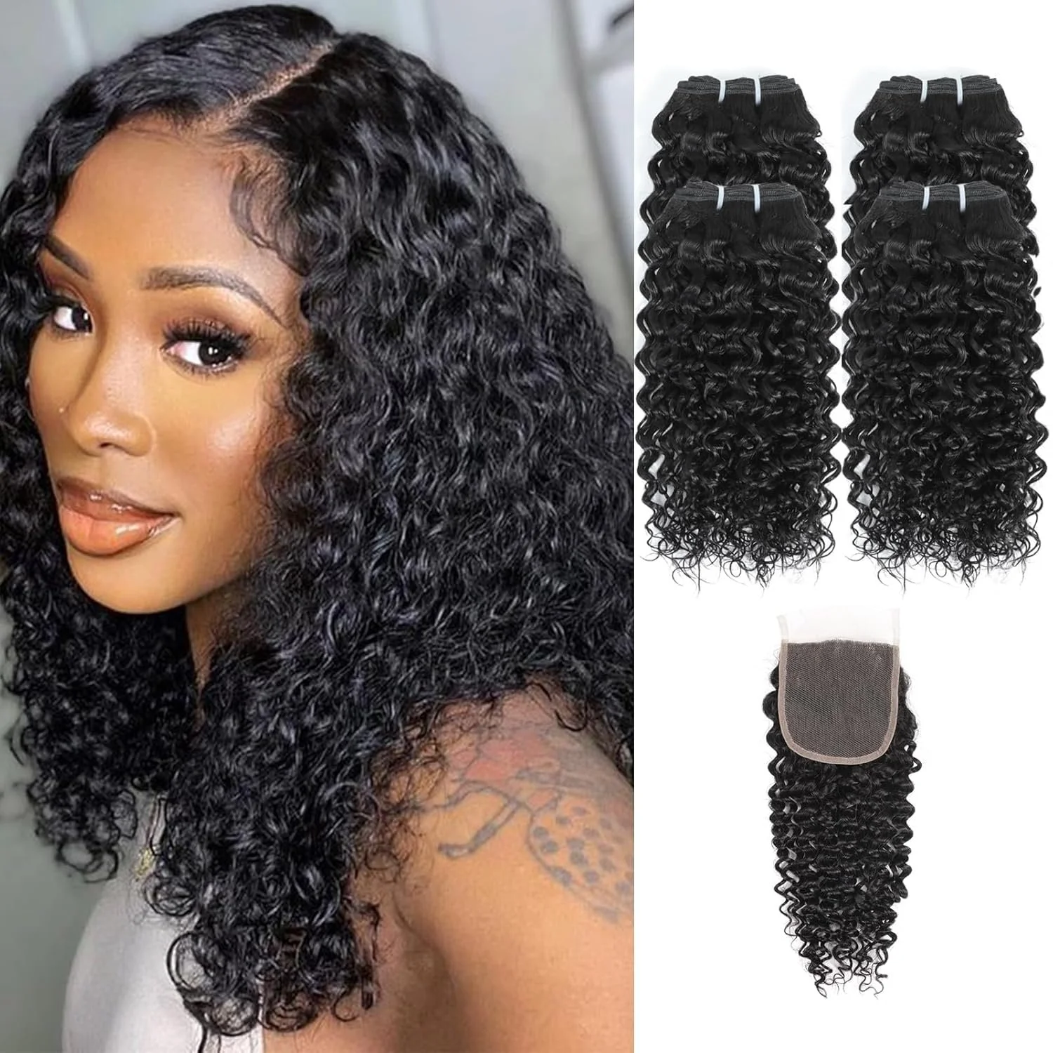 100% Virgin Human Hair Kinky Curly Bundles W closure 4 Bundle + 4x4 Closure 14 Inch