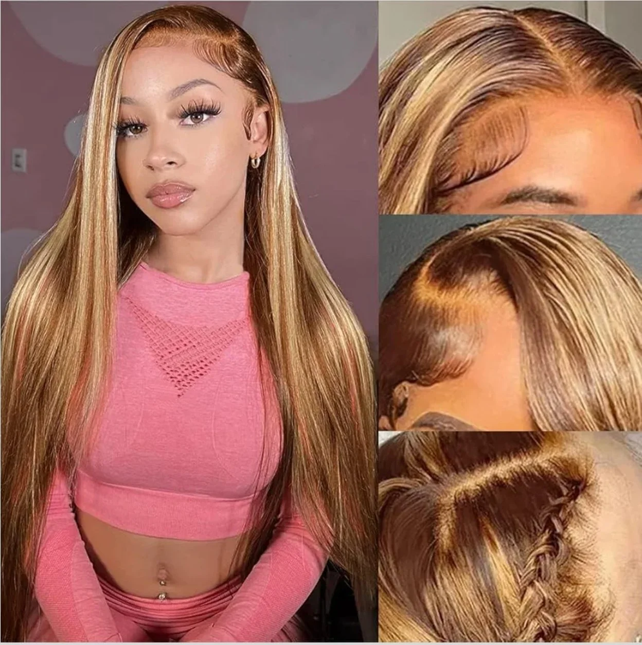 100% Human 28 Inch 4/27 Ombre Lace Front Wig 13x4 HD Lace Pre Plucked With Baby Hairs Straight 200% Density Glueless