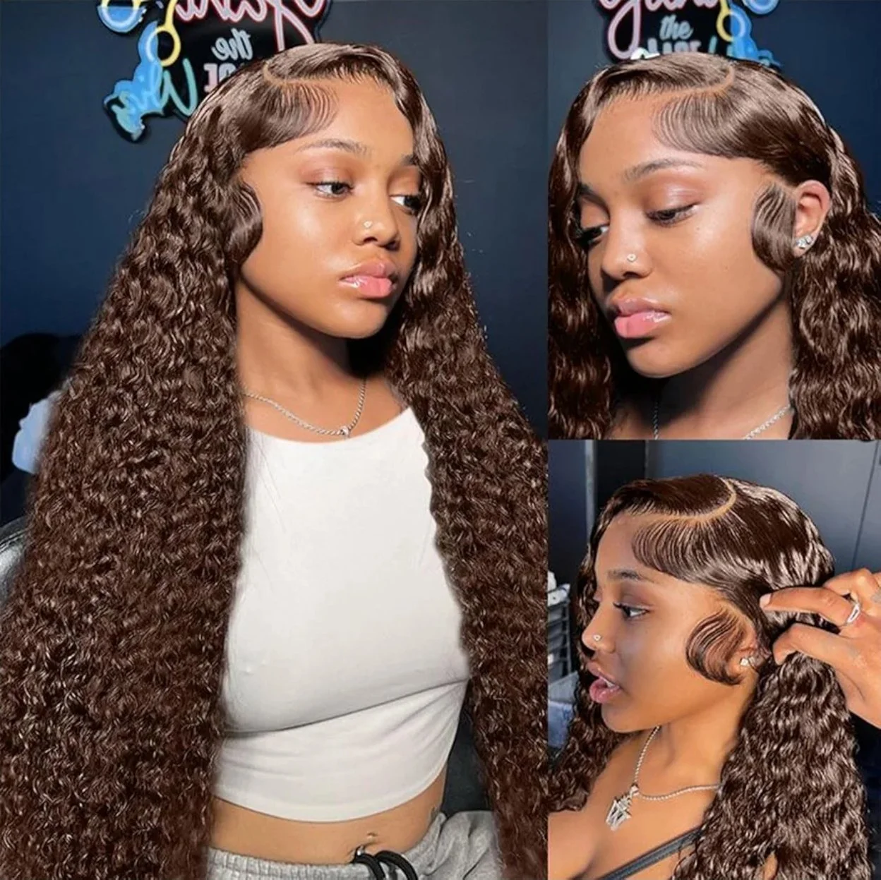 100% Human Chocolate Brown 13x6 Deep Wave Wig Pre Plucked 180% Density 24"