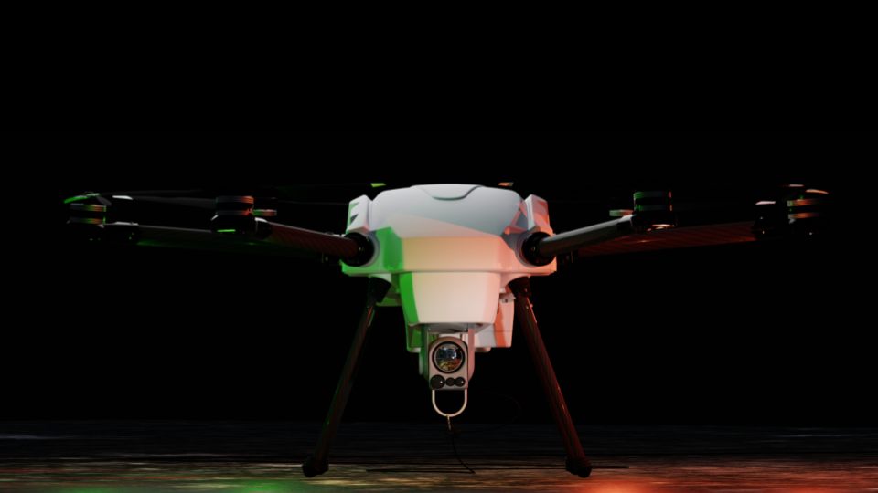 A white drone with four rotors, facing forward, with a camera mounted underneath, set against a black background.