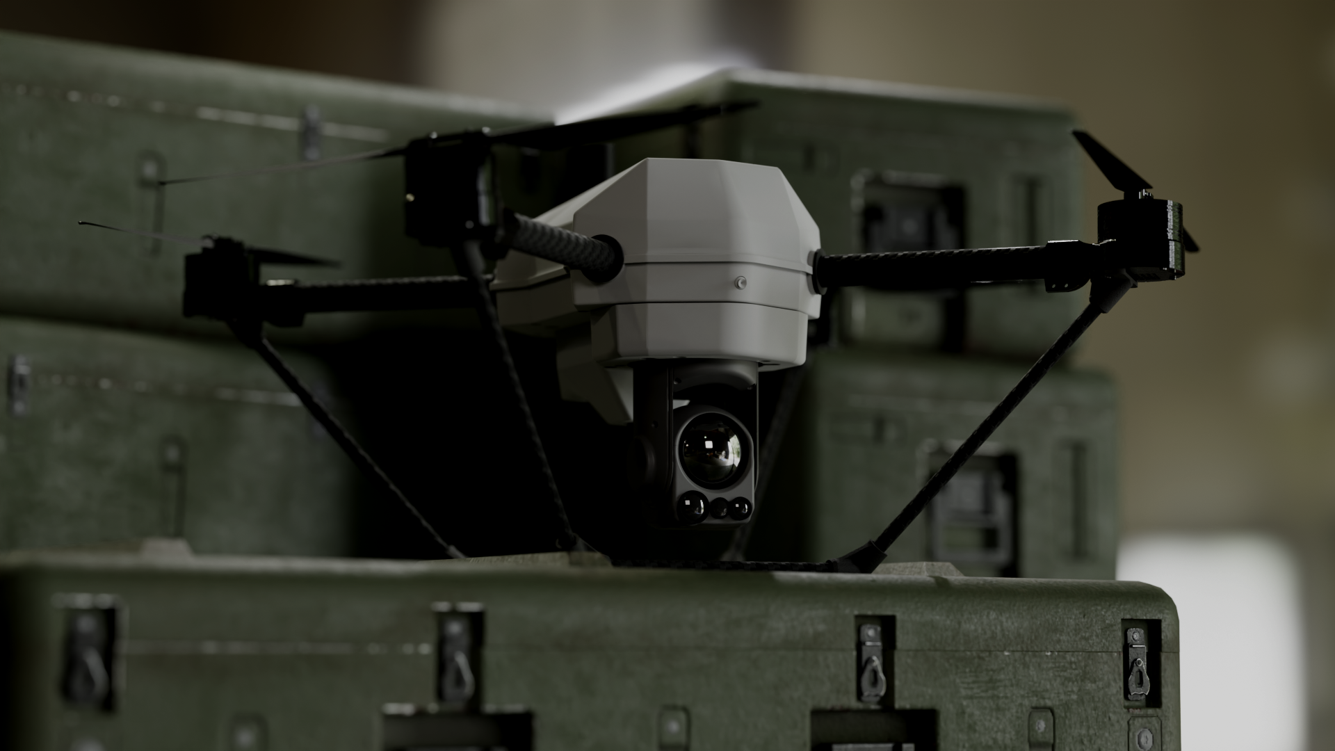 A drone with four arms and a camera-mounted gimbal, resting on top of green storage cases.