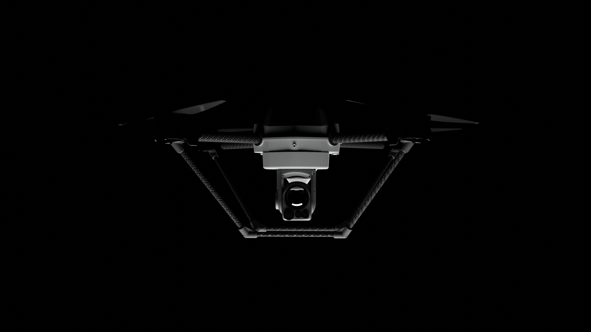 A drone with a camera is flying in a dark sky.