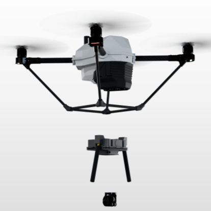 A drone with four propellers and a camera mounted underneath, and a remote control with a screen, all set against a white background.