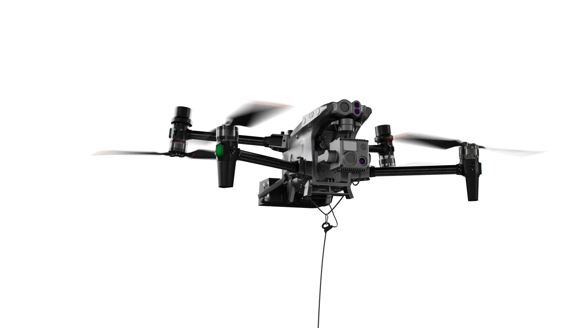 A professional drone with a camera mounted underneath, featuring a sleek black and metallic body, four rotors, and a sophisticated stabilization system.