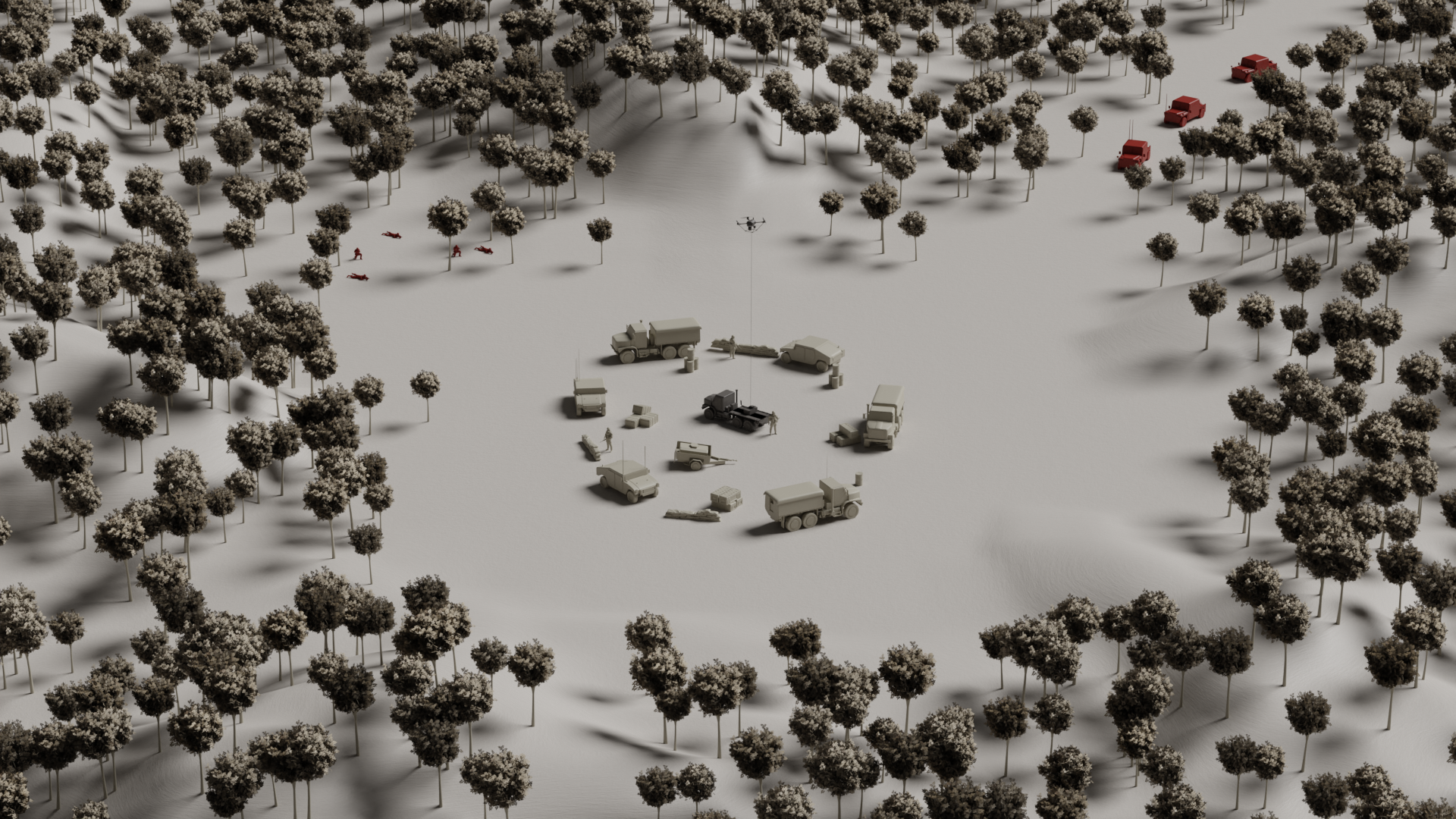 A drone is flying over a winter landscape with trees, helicopters, and military vehicles arranged in a circle.
