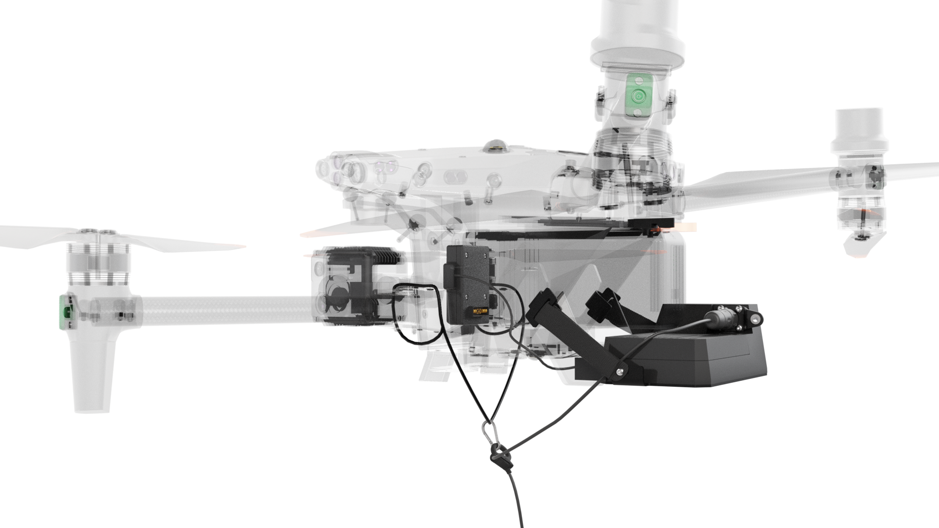 Transparent drone with black propellers and circuitry visible inside, equipped with sensors and cameras, set against a neutral background.