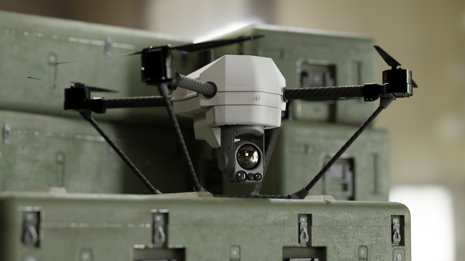 A close-up of a white drone with a camera mounted underneath, sitting on top of a green military-style case with multiple lockable compartments.