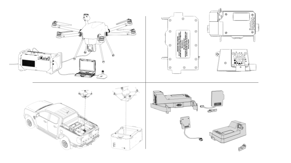 Line drawings of a drone, its components, and equipment including a remote control, battery, and charging devices.