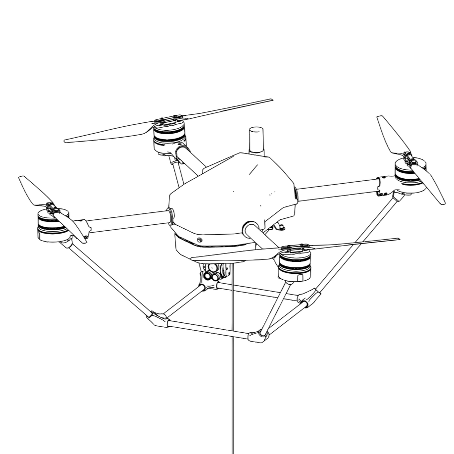 Outline drawing of a drone with four rotors and a central body.