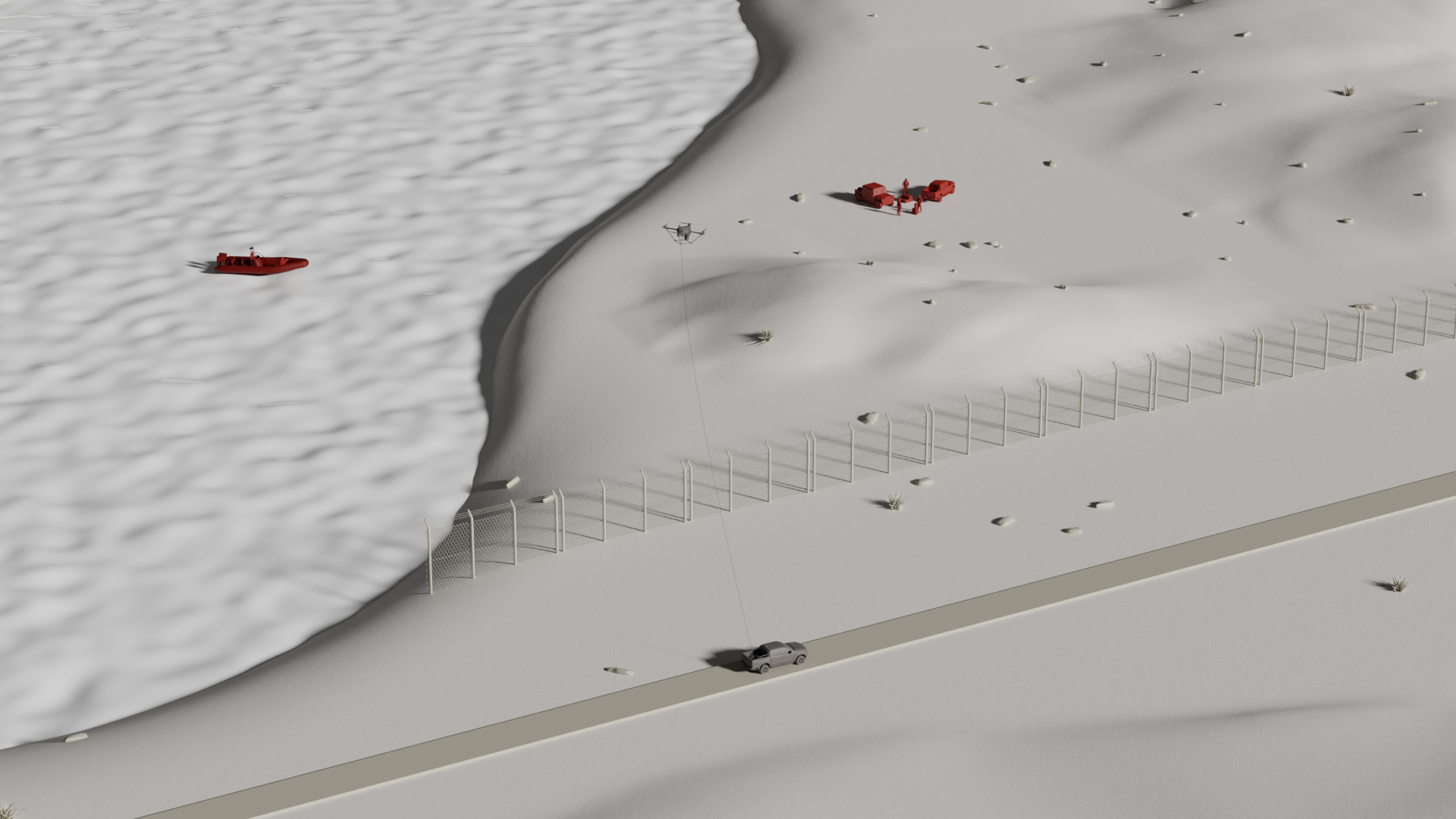 A drone capturing footage over a snowy landscape with a red rescue boat on water, and a gray car on a road beside a fenced area.