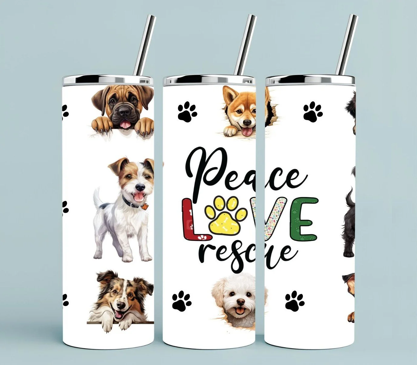 Designs of white travel mugs with dog illustrations and text that says 'Peace Love Rescue.' The mugs feature various dog breeds and paw prints, with one mug having the text and a paw print in colorful patterns.