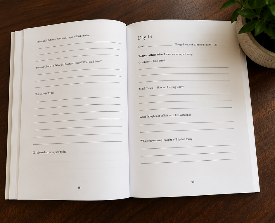 Open journal book on a wooden surface with a potted plant to the top right.