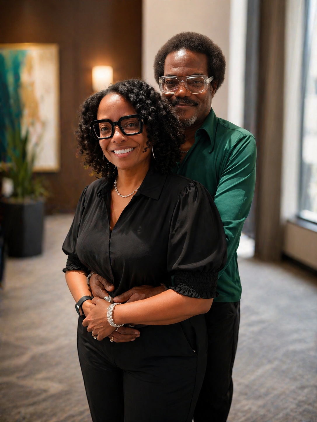 A smiling Black woman with curly hair wearing large glasses, a black blouse, and jewelry, standing in front of a Black man with glasses and an afro hairstyle, who is hugging her from behind, in a warmly lit room with a large window and artwork on the wall.
