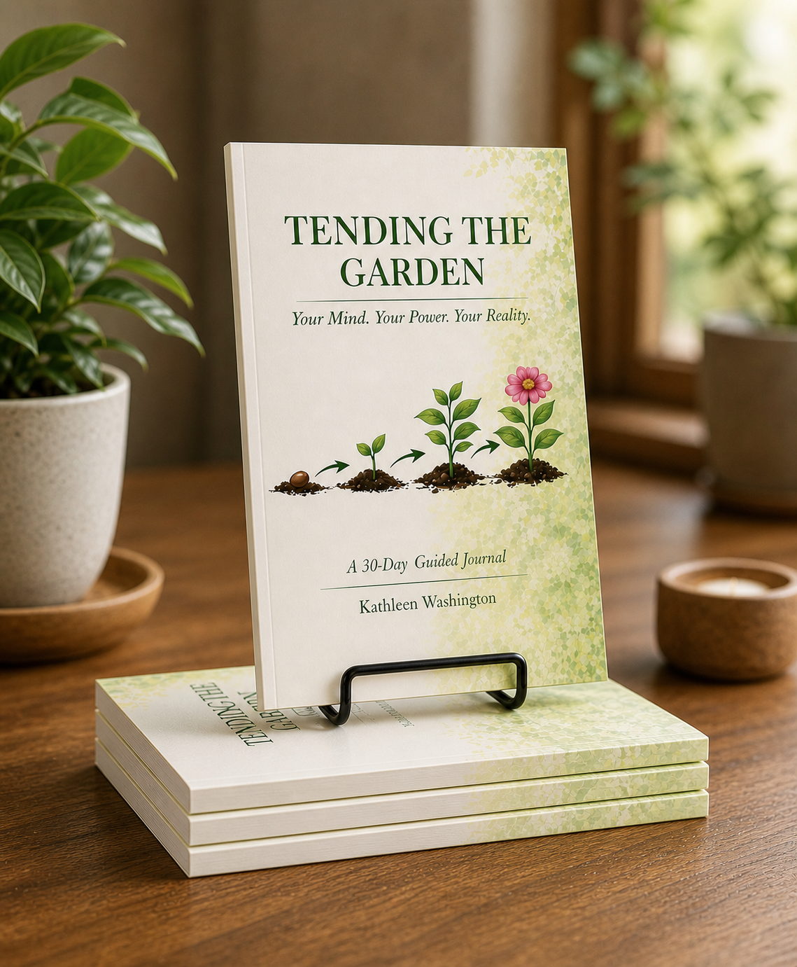 A book titled "Tending the Garden" standing on a table, with a plant-themed cover design, next to several stacked copies of the same book. The setting includes potted plants and a window in the background.