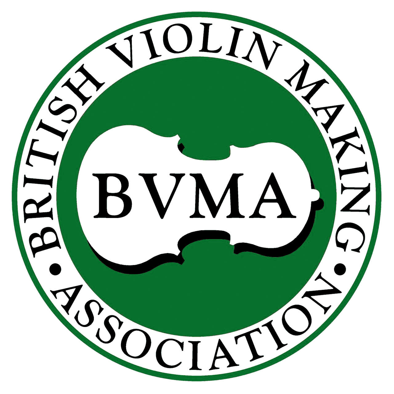 Logo for the British Violin Making Association featuring a green circle with white and black text and a black silhouette of a violin.
