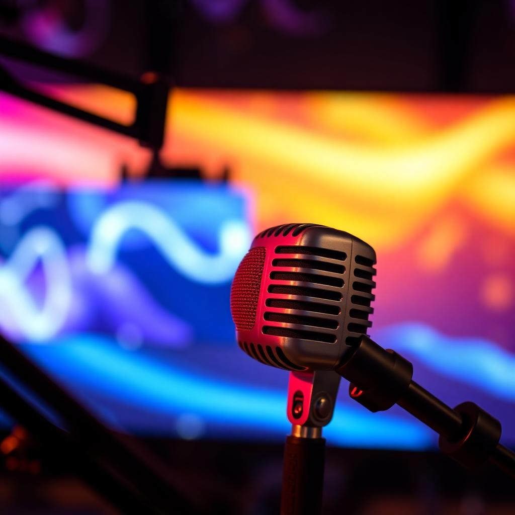 Close-up of vintage microphone with colorful abstract background