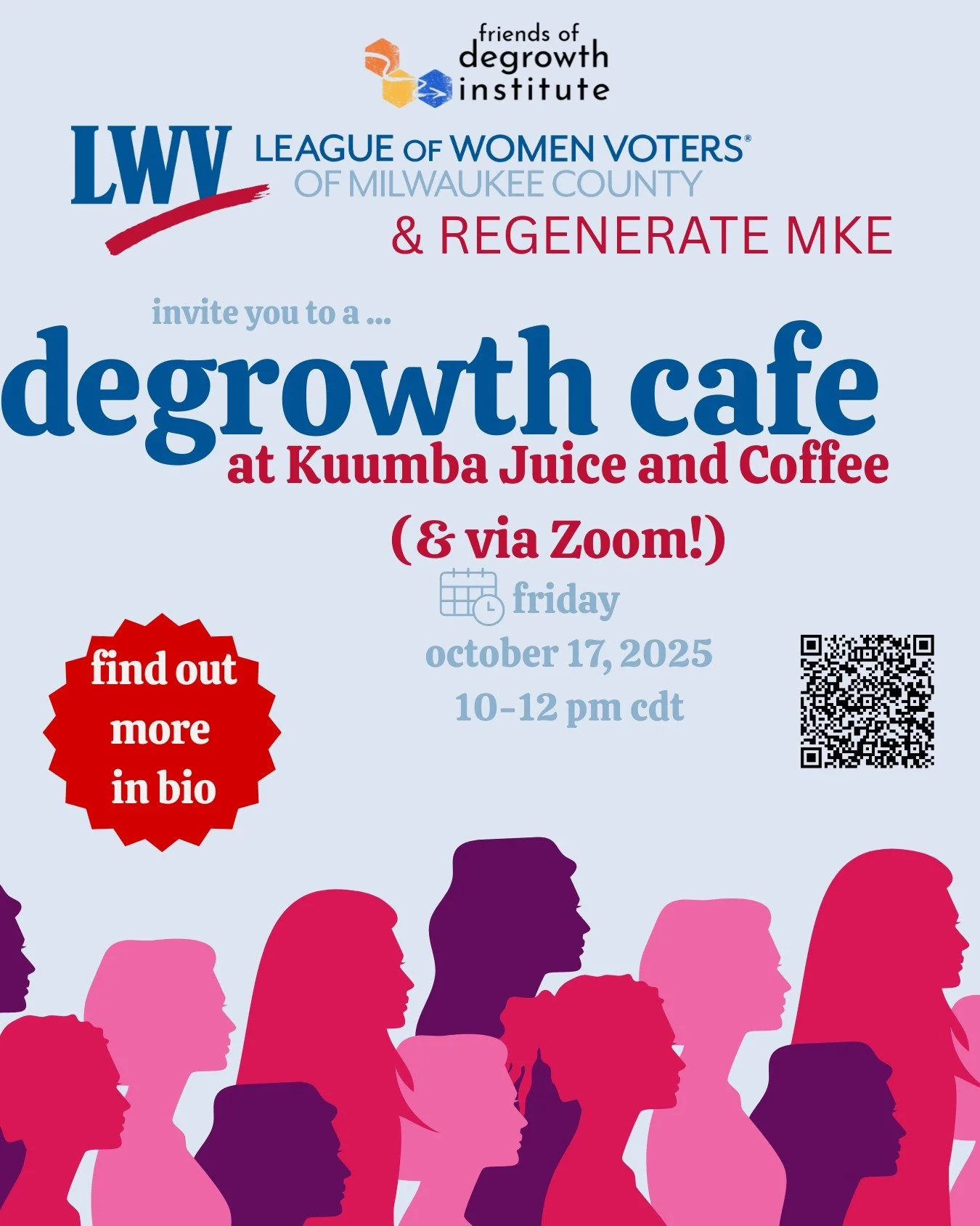 Degrowth Cafes continue!
Friends of DGI Karen Lemke and Dylan Carson partner with Regenerate MKE and League of Women Voters of Milwaukee County to host this upcoming event.
Friday, October 17, 2025, from 10-12 PM CDT (UTC-5).
This is an opportunit