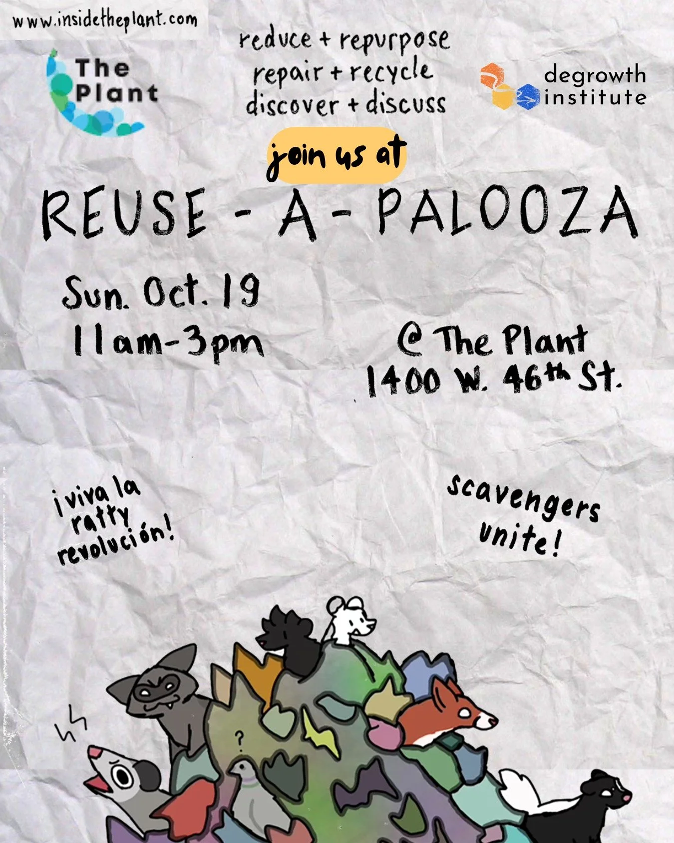Join us Sun. Oct. 19 from 11am-3pm at The Plant for the autumn edition of Reuse-a-palooza!
Stop by our table and check out all the other great happenings.
This semiannual event provides opportunities to repair clothing and household items, safely d