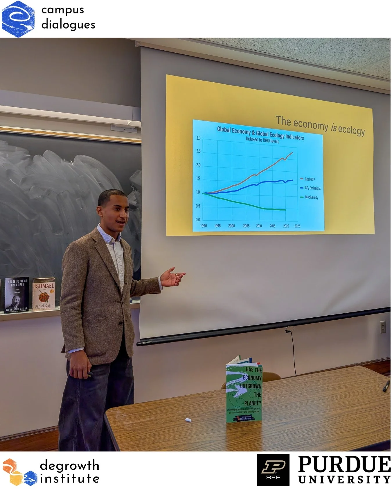 Our program coordinator, Jason Barahona Rosales, presenting to an engineering class at Purdue University. 
Together, they explored "Has the Economy Outgrown the Planet?" (hint: yes!) Find out more using the link in our bio.
 
Degrowth Inst
