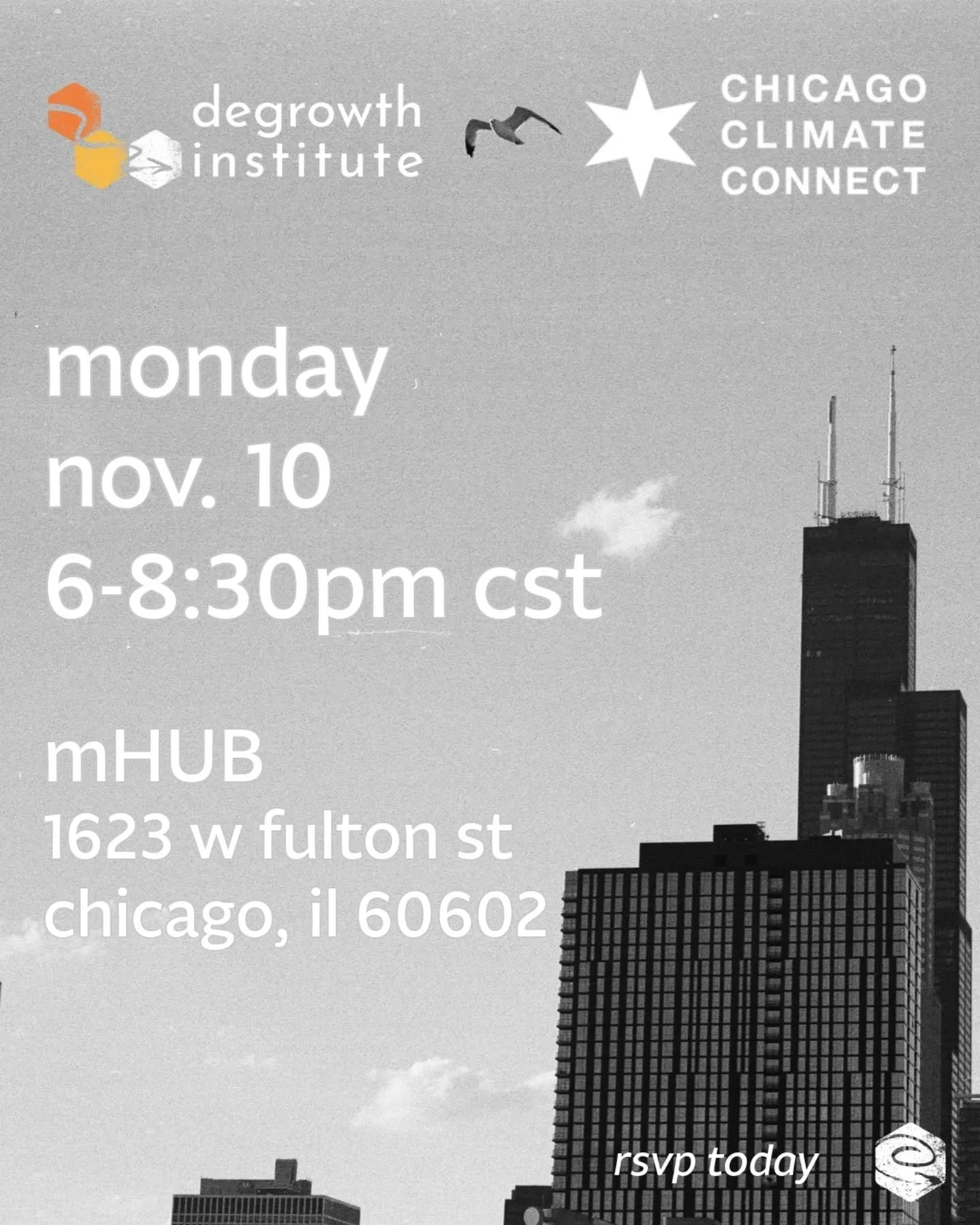 🗣Back out here! 🔥
Use the events link in our bio for more info and to register (free)!
Join us Monday, Nov. 10, from 6-8:30 PM at mHUB for an event hosted by Chicago Climate Connect. An evening of open networking and a conversation about what i