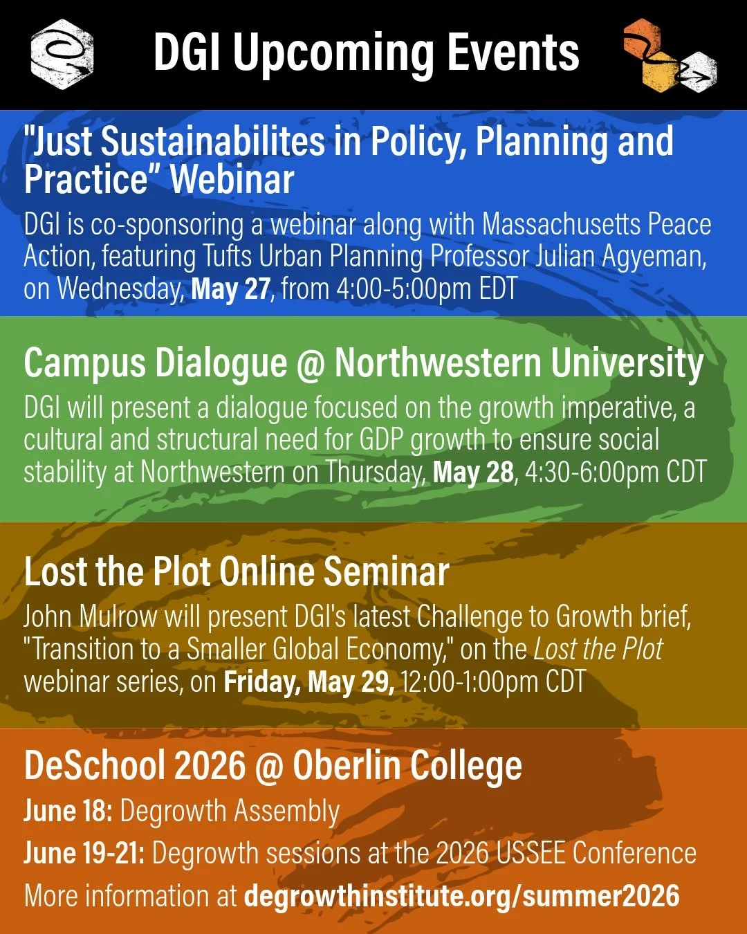 We're closing out spring with a bunch of fantastic upcoming events! Check them out:

🌱 On Wednesday, May 27, DGI is co-sponsoring the webinar "Just Sustainabilities in Policy, Planning, and Practice Webinar" along with Massachusetts Peace 