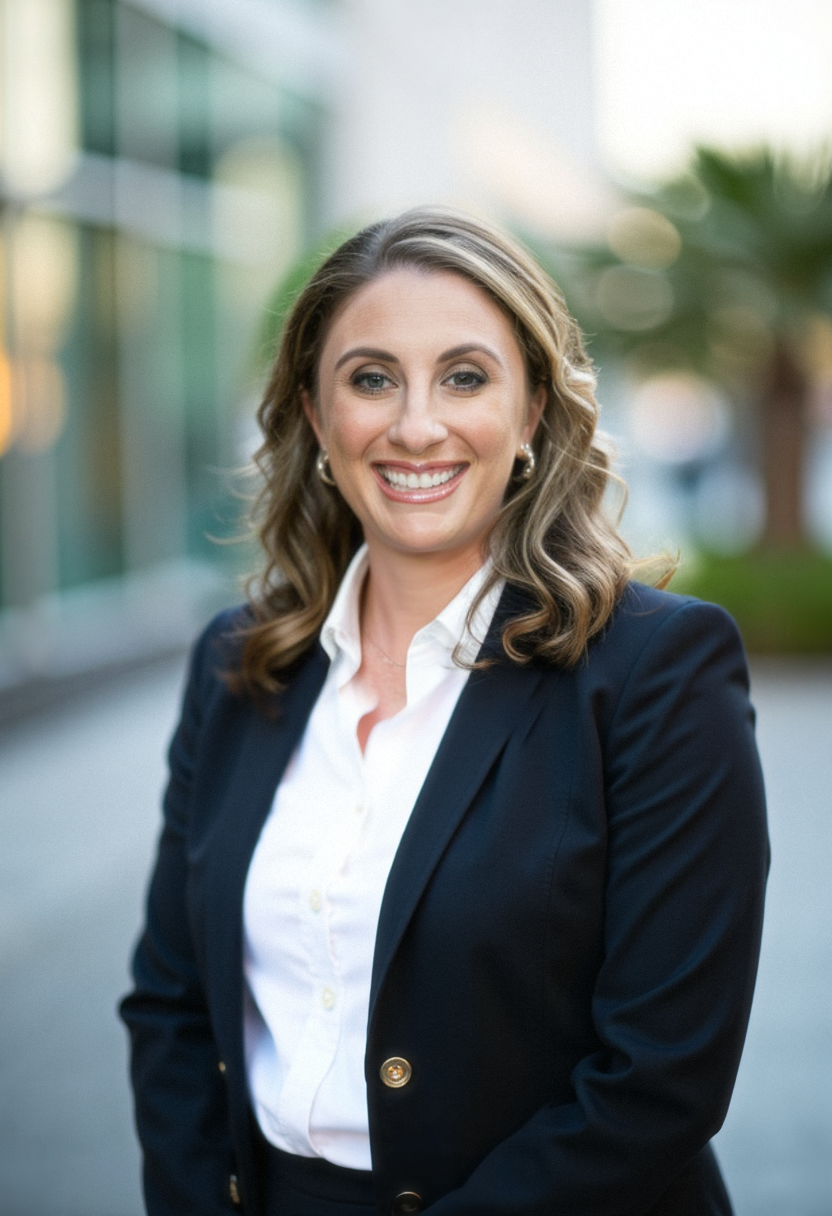 A professional woman with shoulder-length brown hair, wearing a navy blazer, white blouse, and pearl earrings, smiling outdoors with glass office buildings and a blurred green tree in the background.