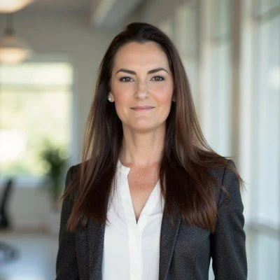 Professional woman with long brown hair in a business suit standing in a modern office.