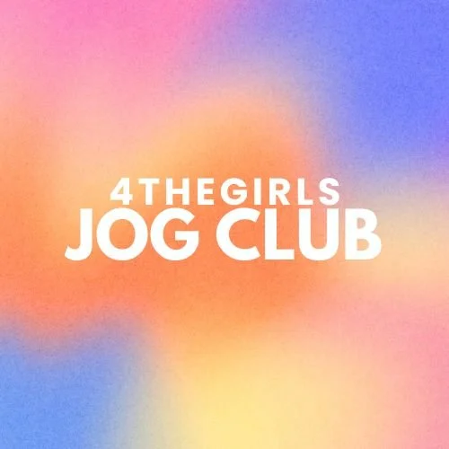 Text reading '4 THE GIRLS JOG CLUB' on a colorful, gradient background of pink, orange, yellow, and blue.
