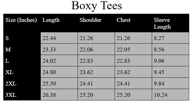 Table showing size measurements for boxy T-shirts in inches, including length, shoulder, chest, and sleeve length across sizes S, M, L, XL, 2XL, and 3XL.