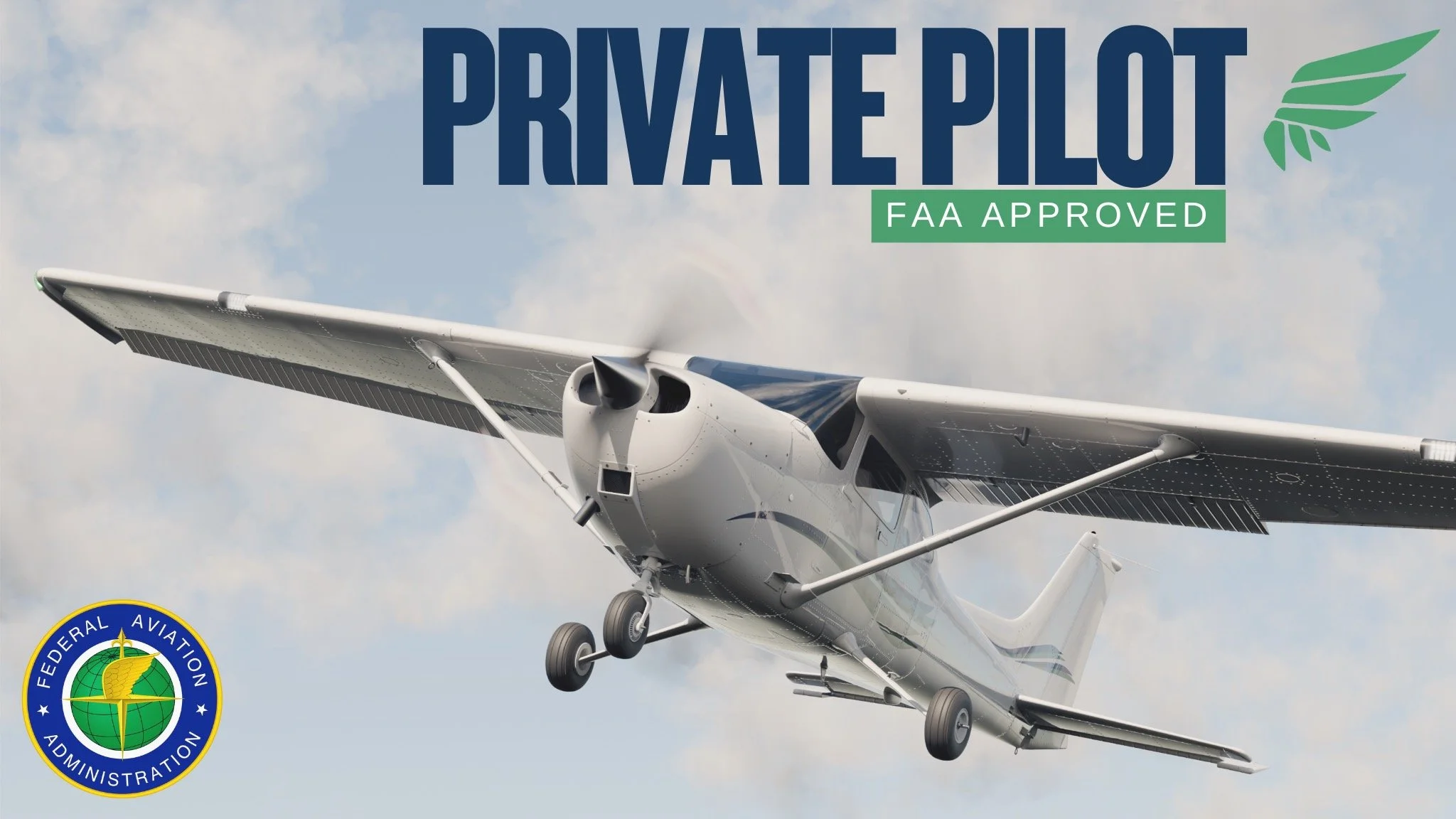 Valley Video created a video training program for Aviator Pro. An electric aircraft flying in the sky with the text 'Private Pilot' and 'FAA Approved' above, and the Federal Aviation Administration logo in the lower left corner