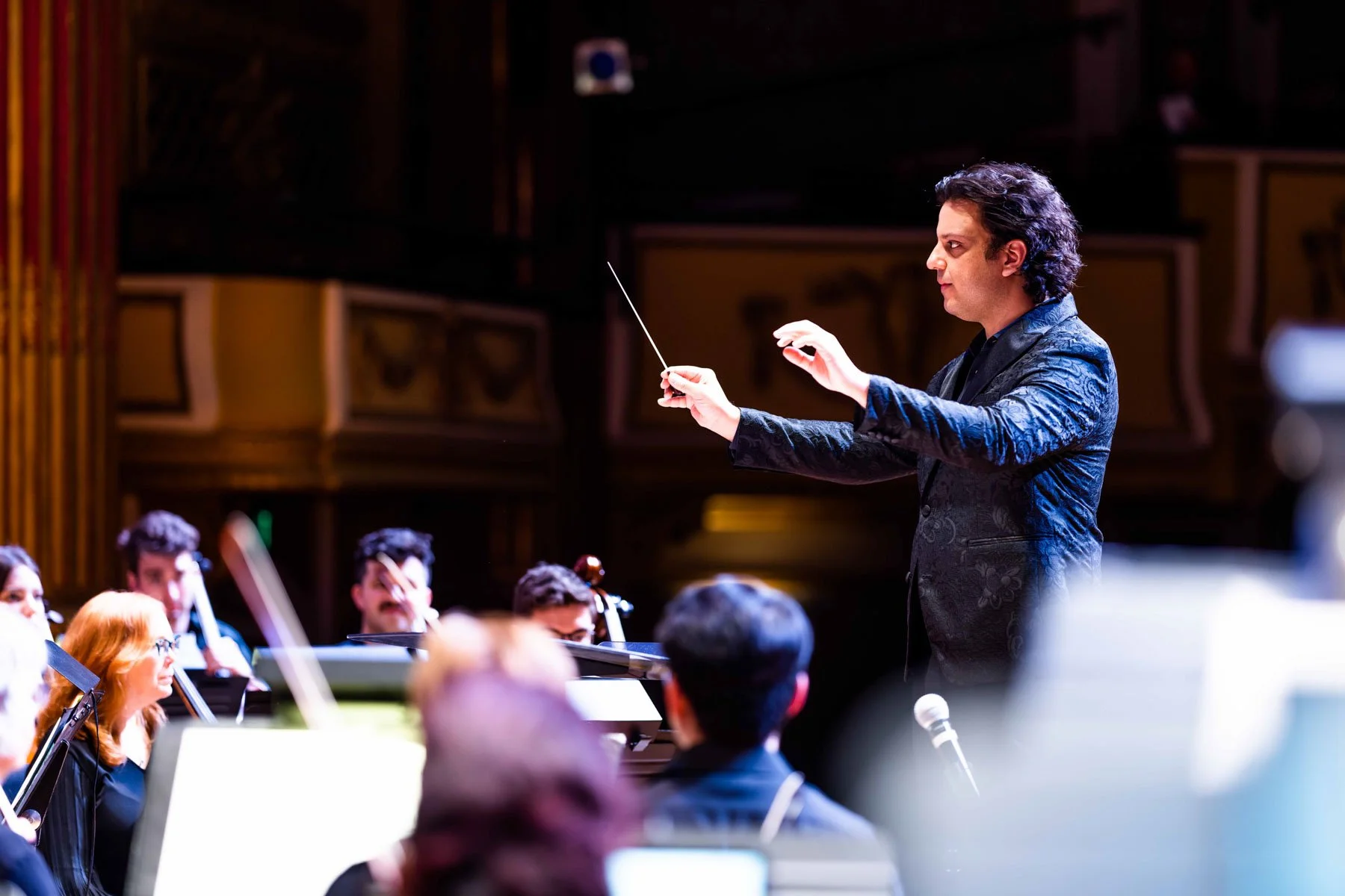 Orchestra conductor leading musicians in a concert hall, with an audience in the foreground.