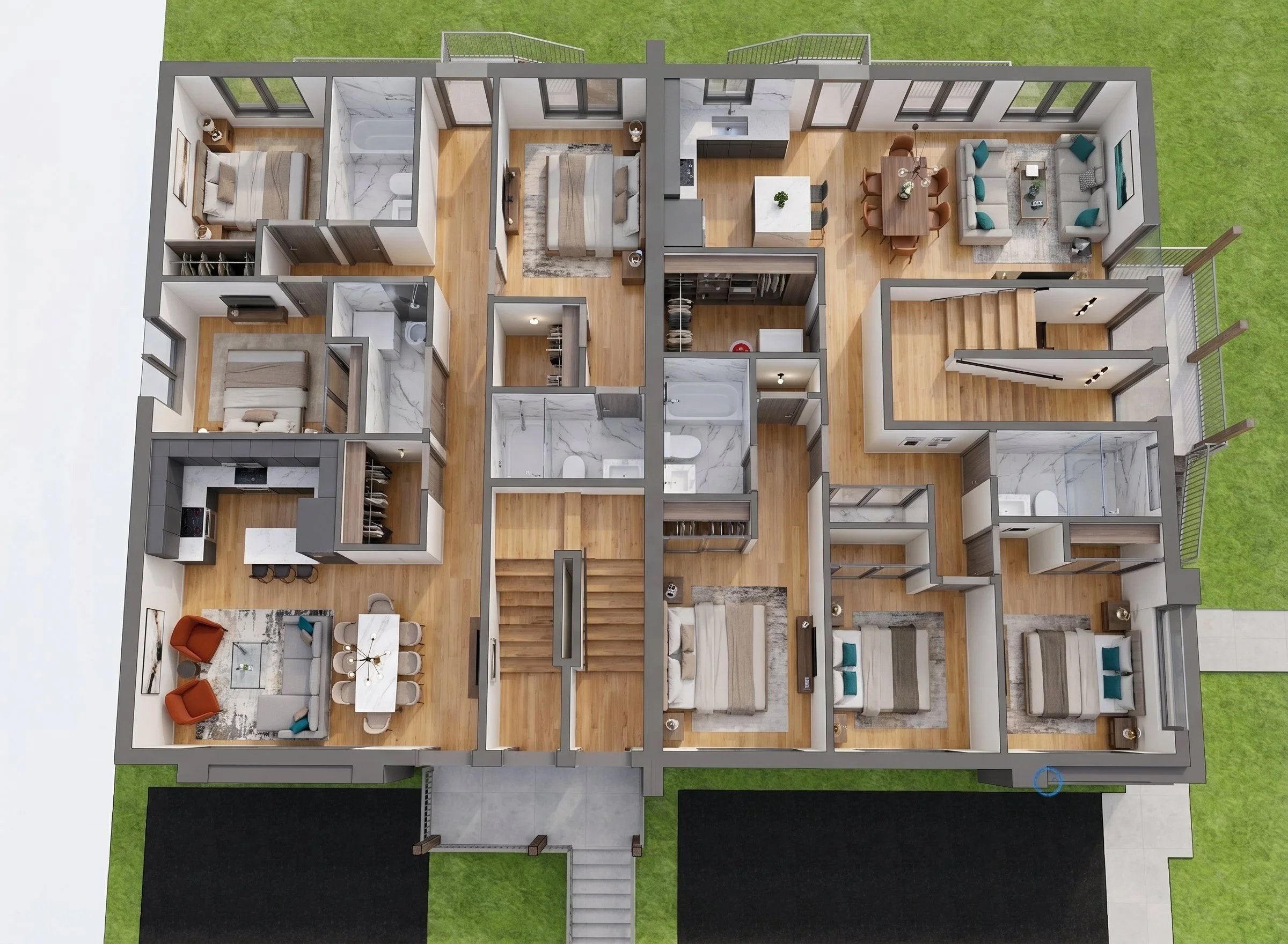 Modern 8-unit multiplex design by Dar Architects. 8,000 sq ft semi-detached multi-family building featuring 3-bedroom, 2-bathroom residential development architecture.