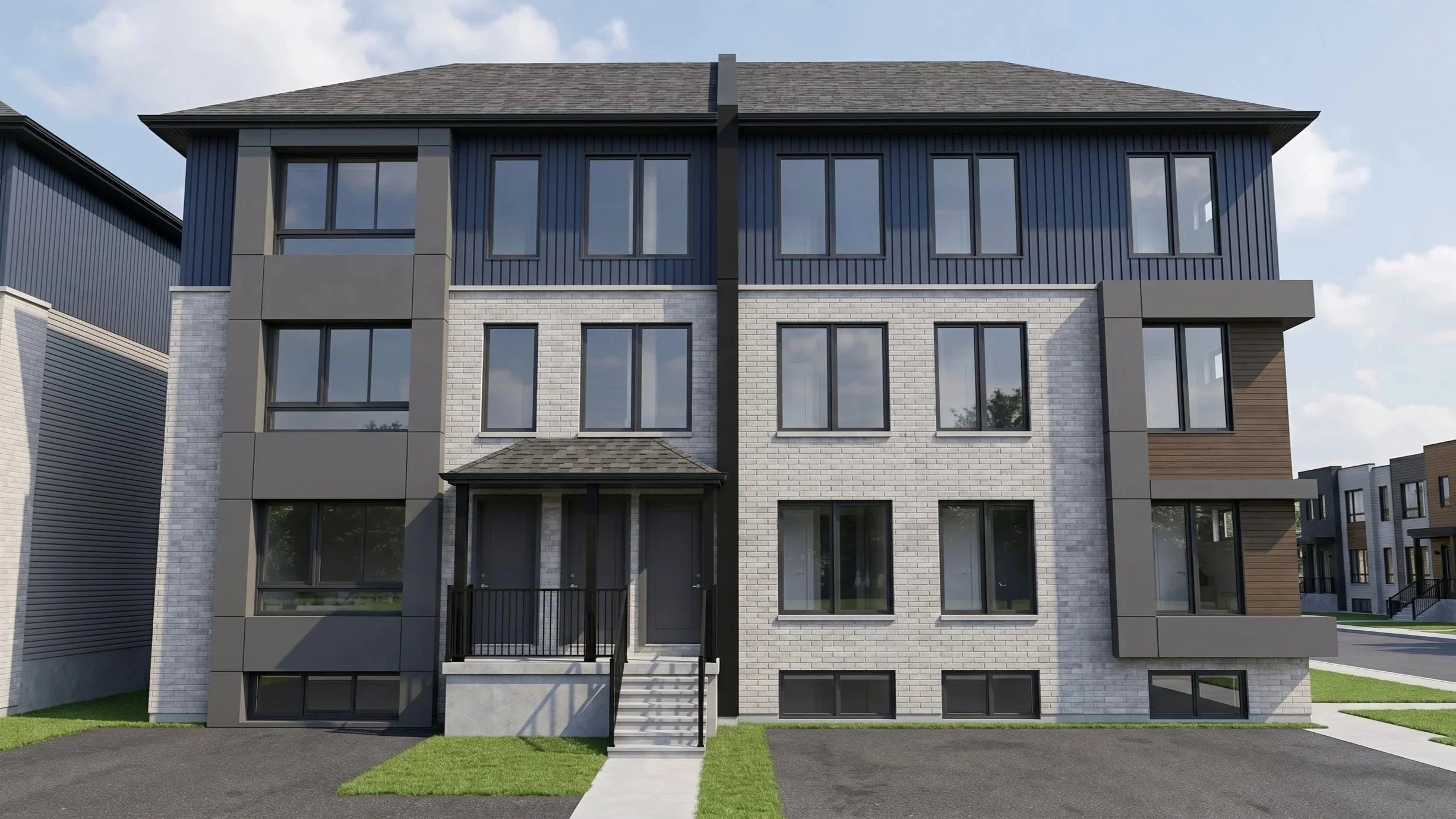 Modern 8-unit multiplex design by Dar Architects. 8,000 sq ft semi-detached multi-family building featuring 3-bedroom, 2-bathroom residential development architecture.