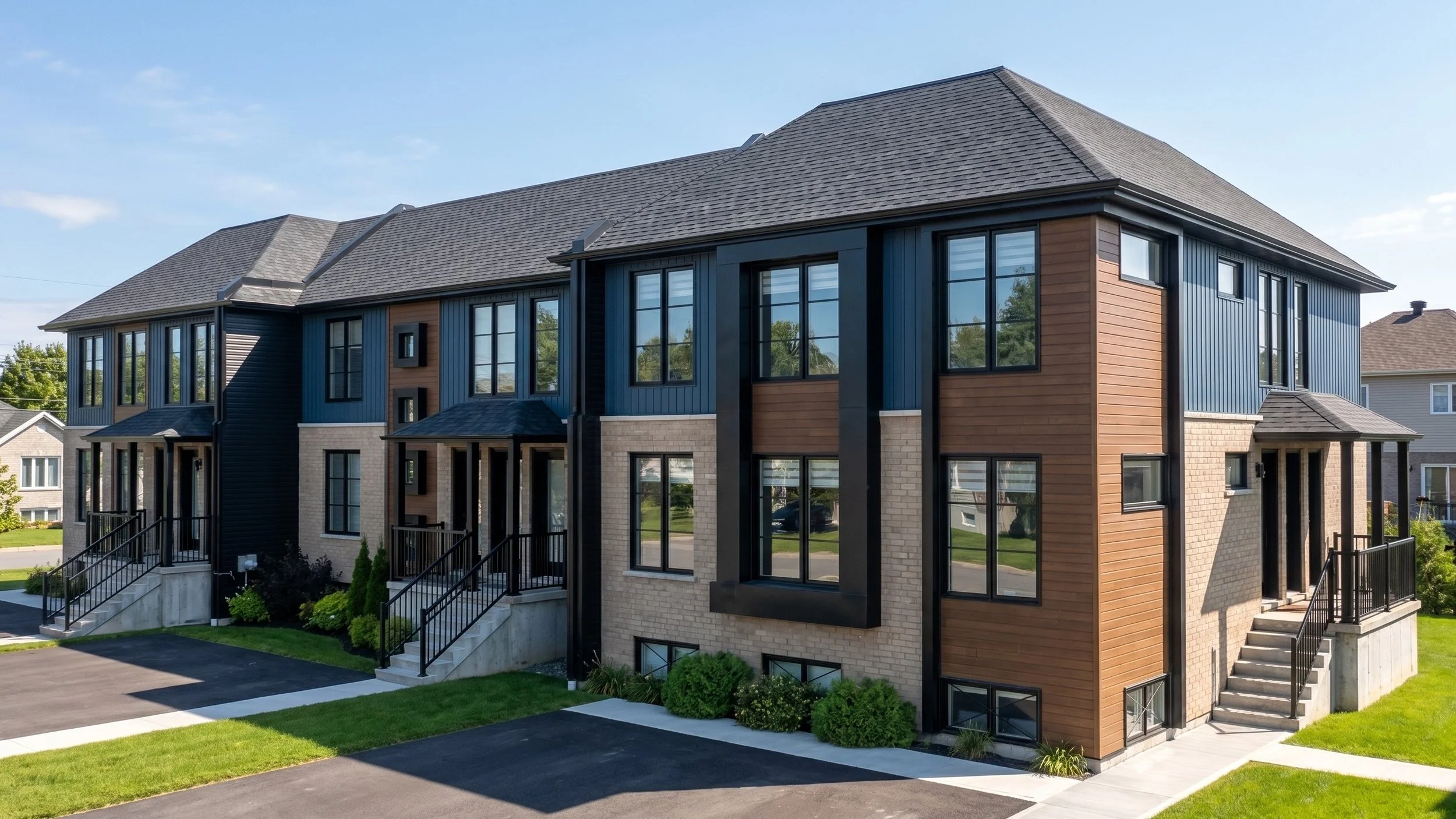 Modern Multi-unit multiplex townhouse block in Barrie, ON, designed by Dar Architects Inc., featuring a contemporary brick, wood, and blue siding facade.