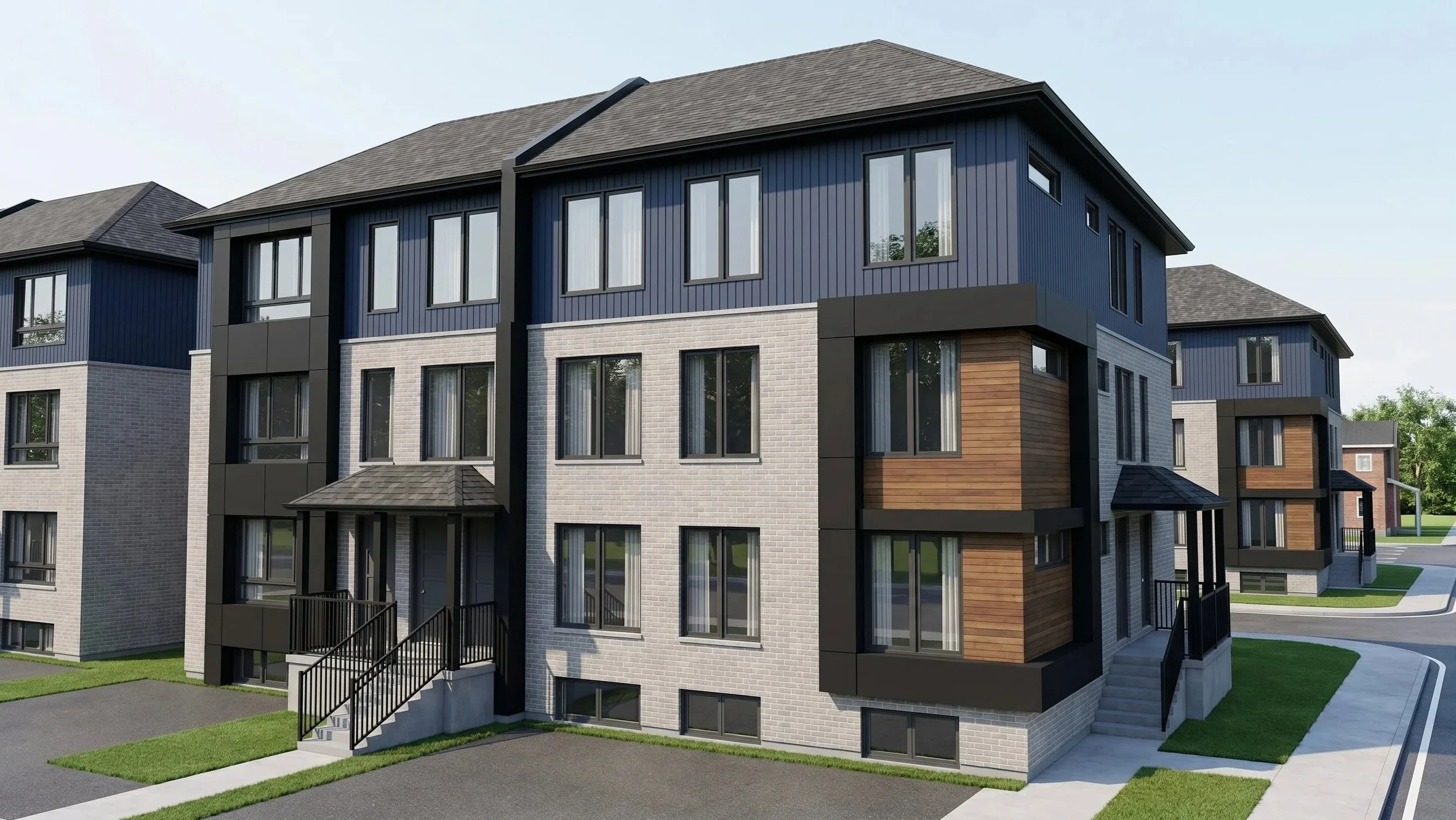 Modern 8-unit multiplex design by Dar Architects. 8,000 sq ft semi-detached multi-family building featuring 3-bedroom, 2-bathroom residential development architecture.