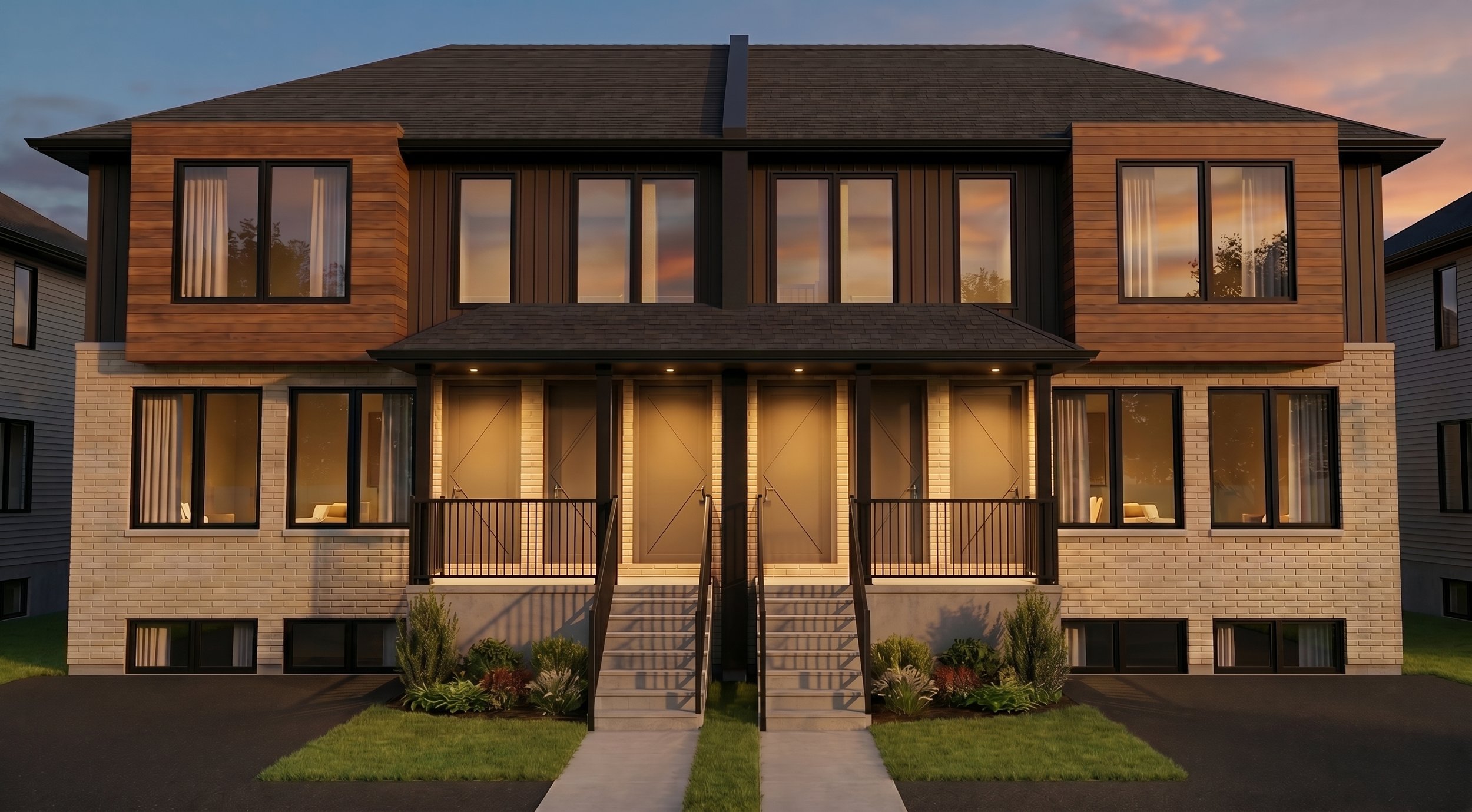 Modern 2-storey semi-detached multiplex design by Dar Architects Inc. Contemporary multi-family facade features light brickwork, black siding, wood accents, and separate unit entries for missing middle housing in Ontario.