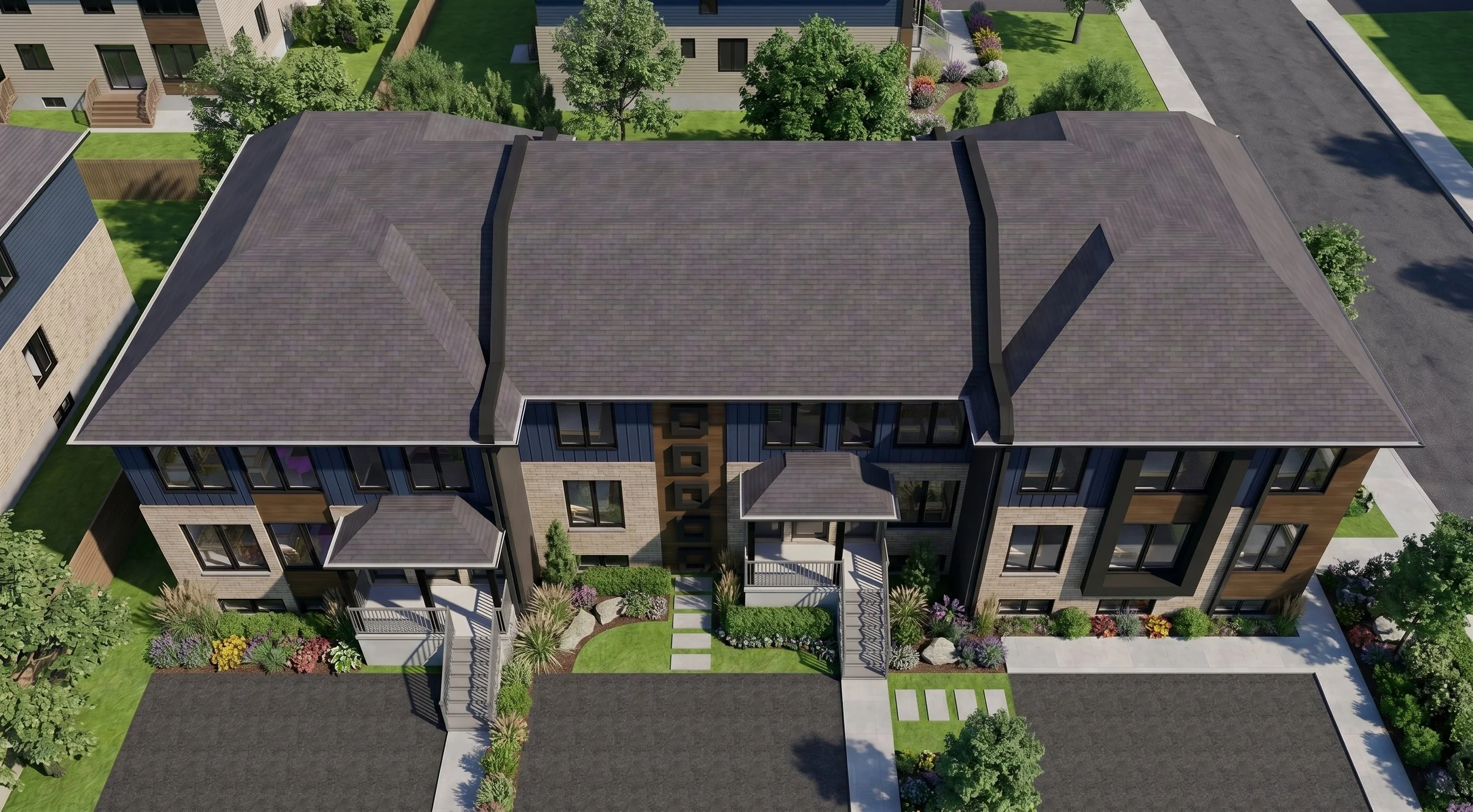 Modern Multi-unit multiplex townhouse block in Barrie, ON, designed by Dar Architects Inc., featuring a contemporary brick, wood, and blue siding facade.