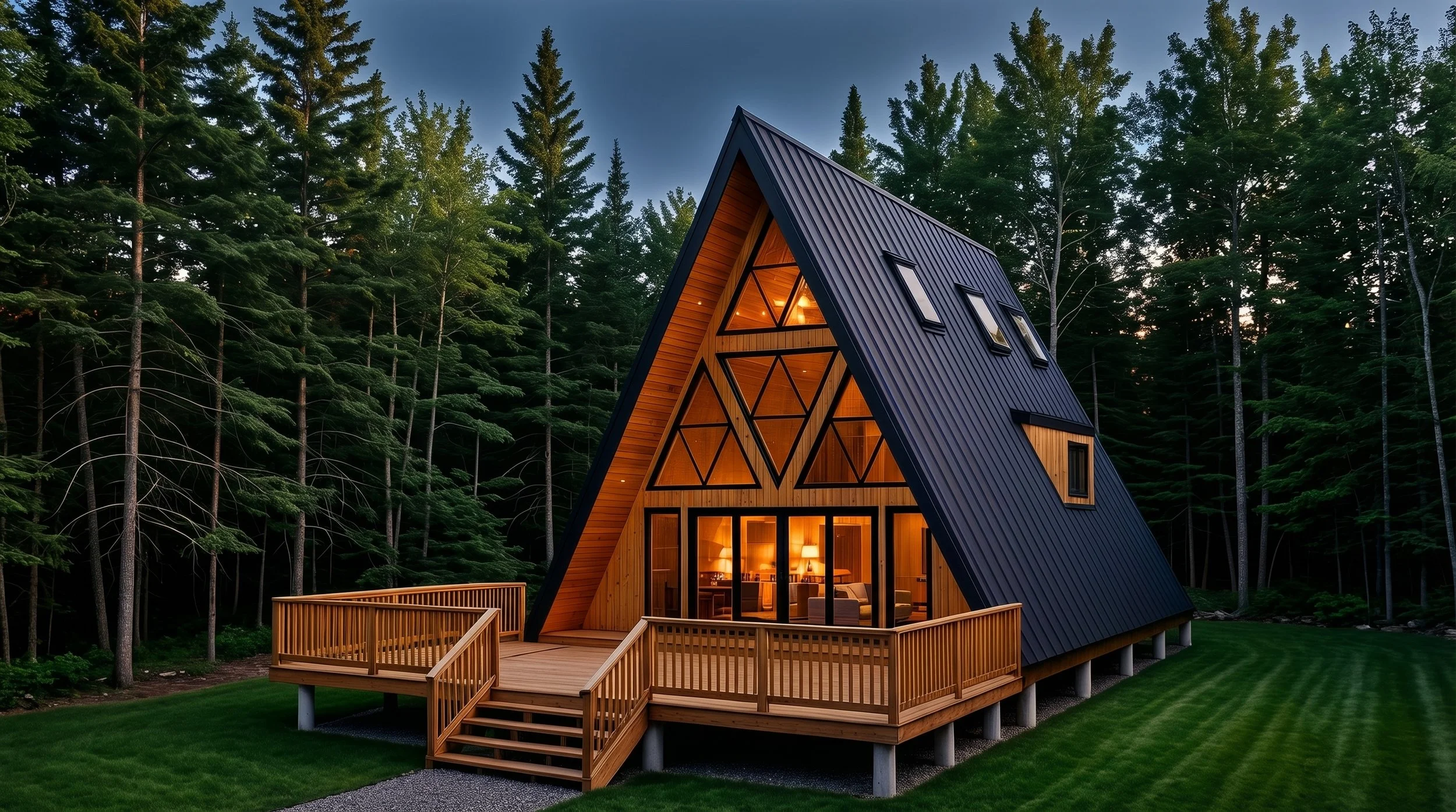 Exterior view of "The Gem of Gravenhurst" by Dar Architects Inc., a 2,000 sq ft modern A-frame custom home design in Ontario featuring a signature triangular glass wall, 3 bedrooms, and a luxury deck with a hot tub.
