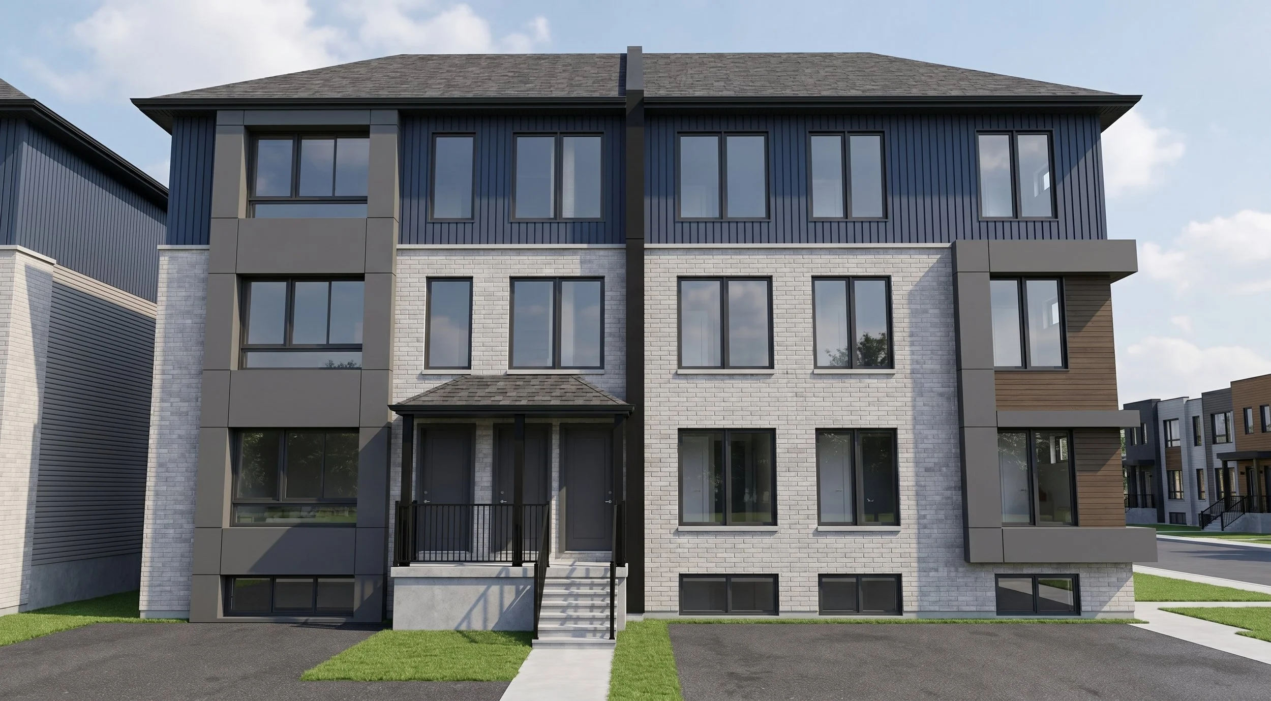Modern 8-unit multiplex design by Dar Architects. 8,000 sq ft semi-detached multi-family building featuring 3-bedroom, 2-bathroom residential development architecture.