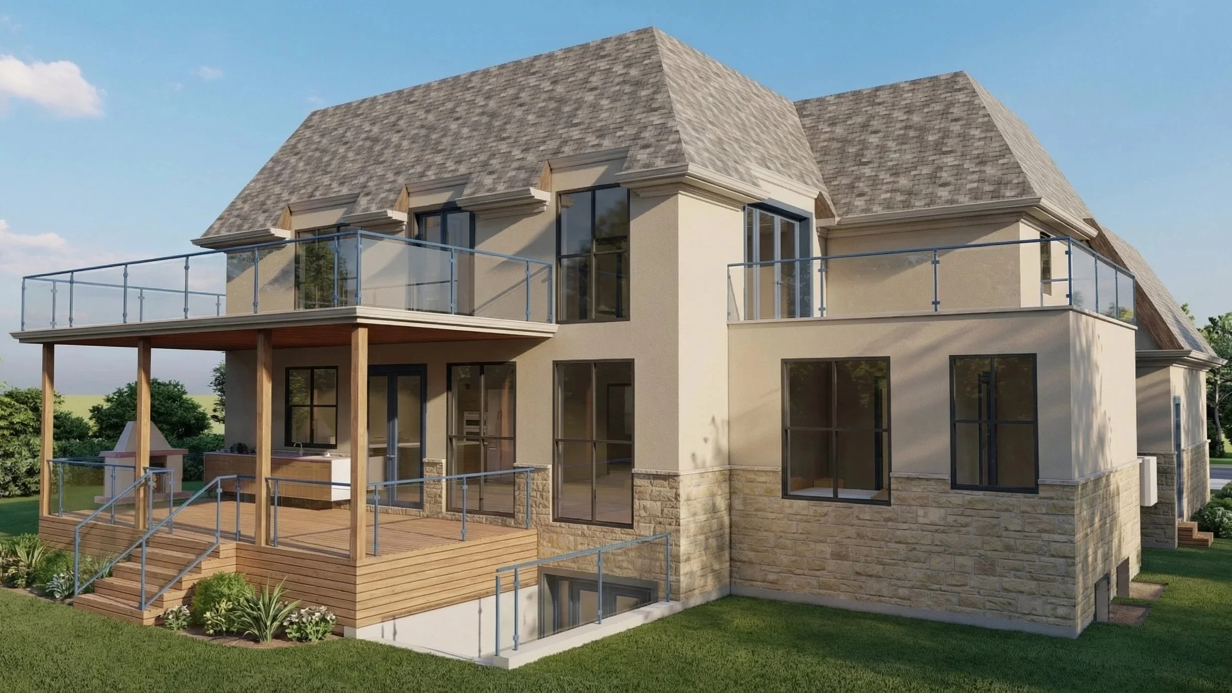 Modern French Provincial custom home exterior designed by Dar Architects Inc., featuring a luxury stone and stucco facade, grand arched entryway with Corinthian columns, mansard roof, and contemporary black frame windows with a two car garage.