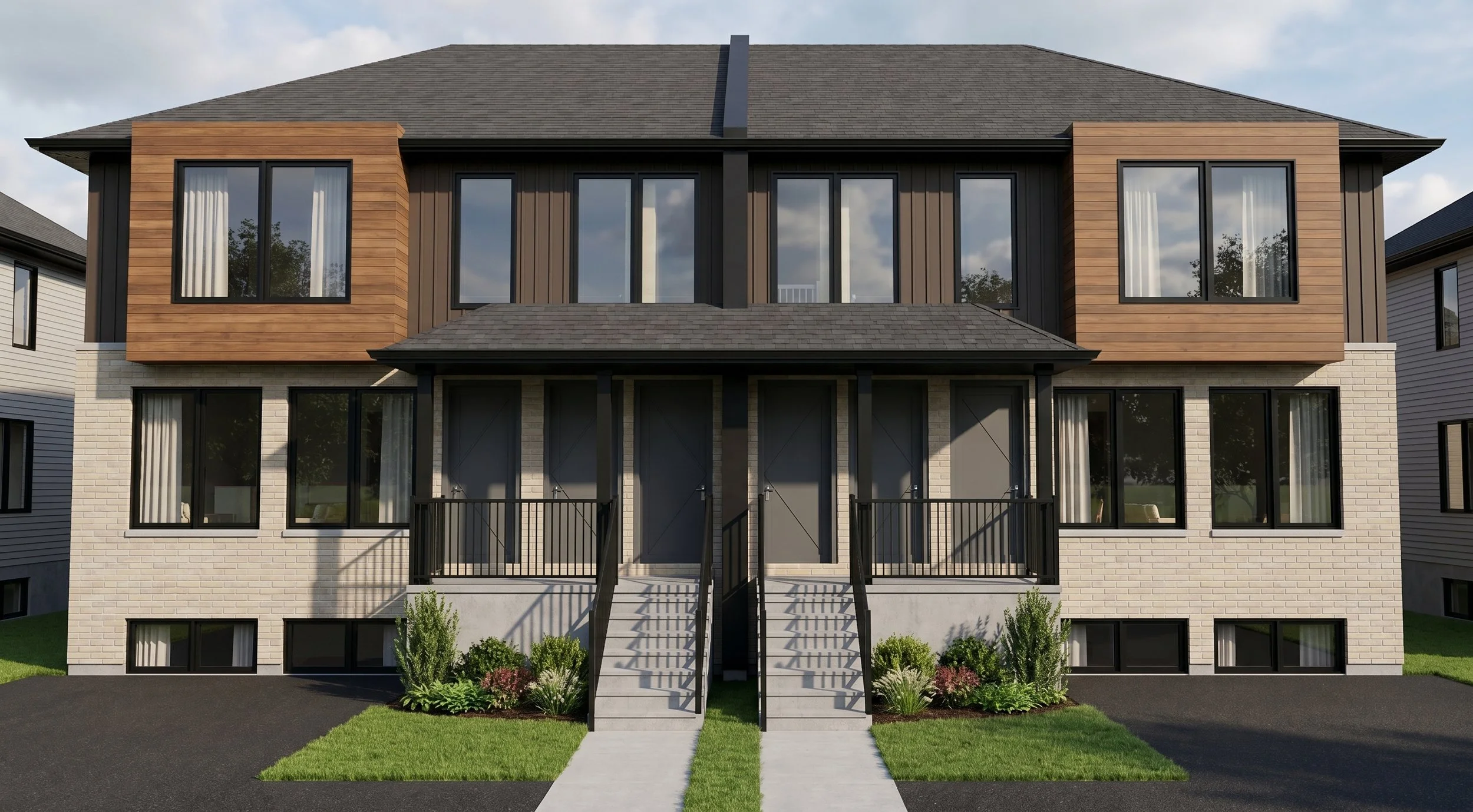 Modern 2-storey semi-detached multiplex design by Dar Architects Inc. Contemporary multi-family facade features light brickwork, black siding, wood accents, and separate unit entries for missing middle housing in Ontario.