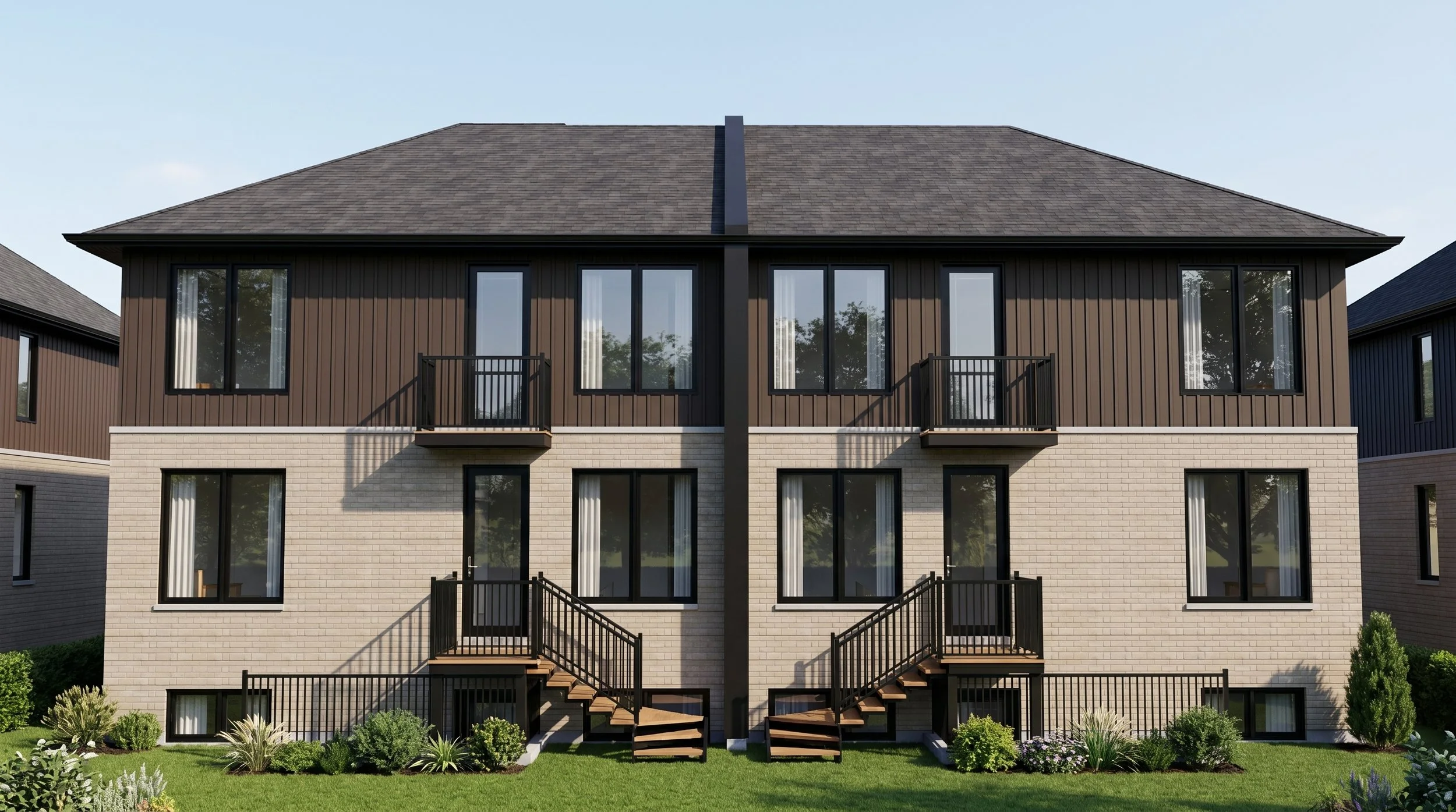 Modern 2-storey semi-detached multiplex design by Dar Architects Inc. Contemporary multi-family facade features light brickwork, black siding, wood accents, and separate unit entries for missing middle housing in Ontario.