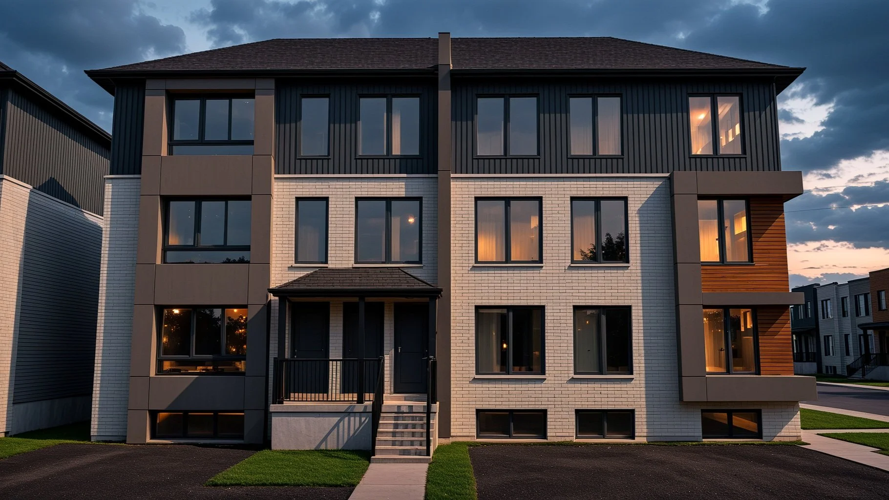 Modern 8-unit multiplex design by Dar Architects. 8,000 sq ft semi-detached multi-family building featuring 3-bedroom, 2-bathroom residential development architecture.