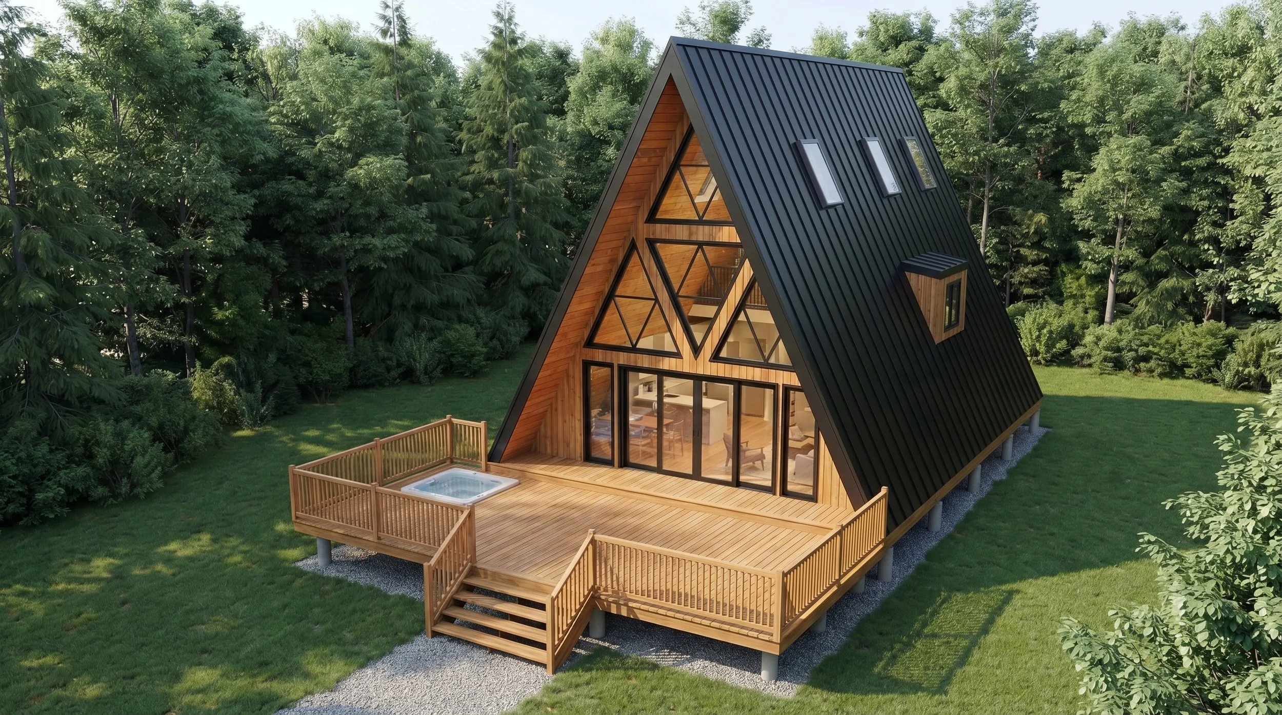Exterior view of "The Gem of Gravenhurst" by Dar Architects Inc., a 2,000 sq ft modern A-frame custom home design in Ontario featuring a signature triangular glass wall, 3 bedrooms, and a luxury deck with a hot tub.