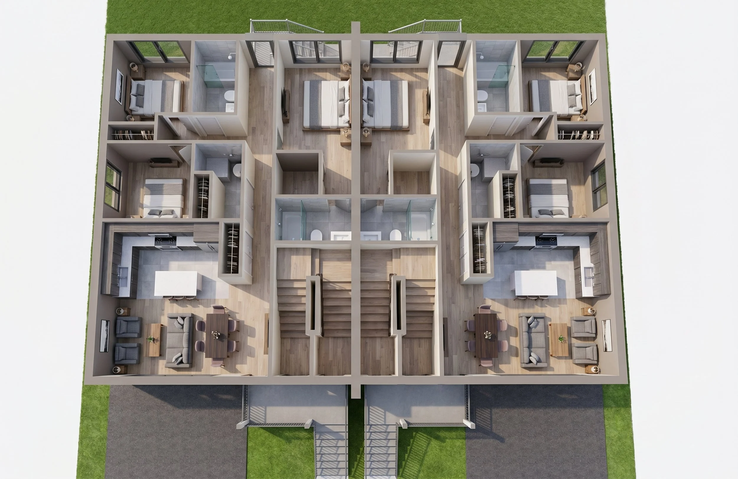Modern 2-storey semi-detached multiplex design by Dar Architects Inc. Contemporary multi-family facade features light brickwork, black siding, wood accents, and separate unit entries for missing middle housing in Ontario.