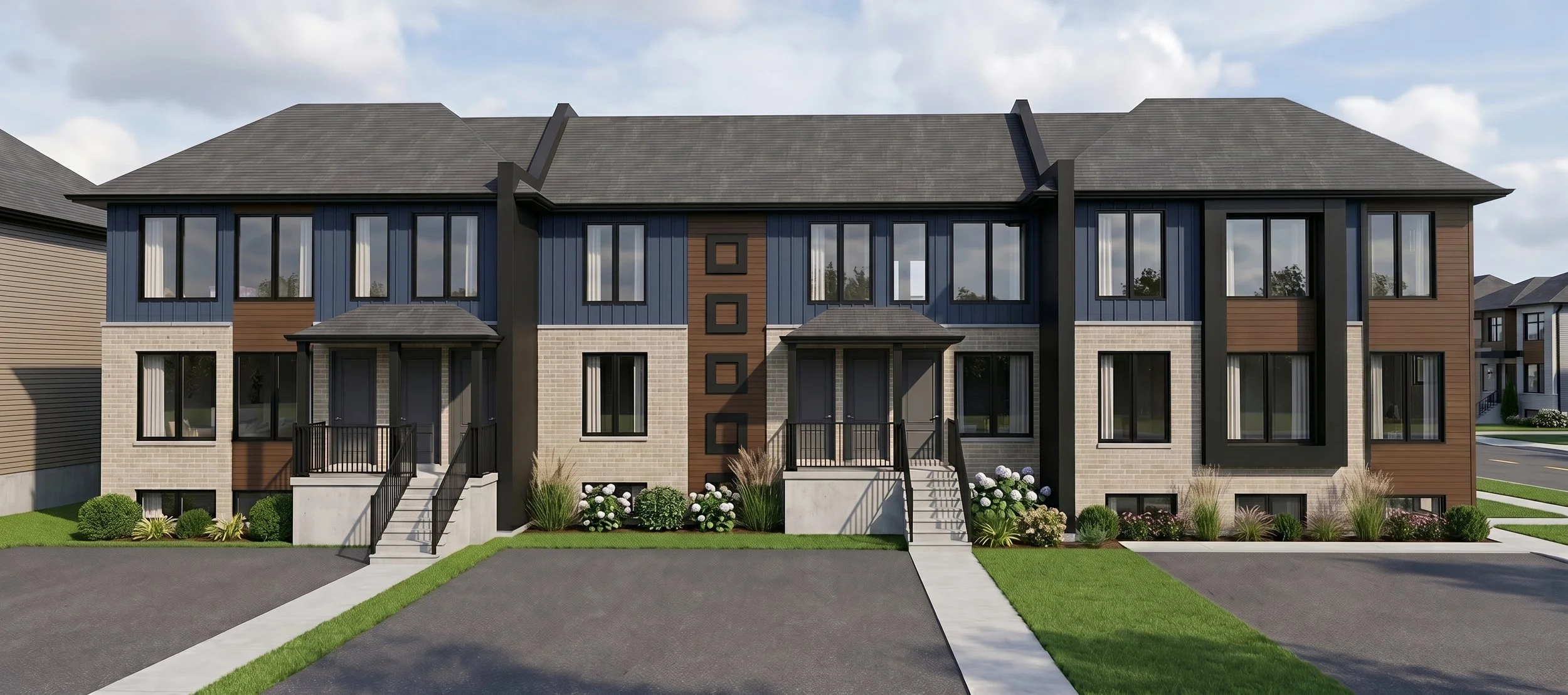 Modern Multi-unit multiplex townhouse block in Barrie, ON, designed by Dar Architects Inc., featuring a contemporary brick, wood, and blue siding facade.