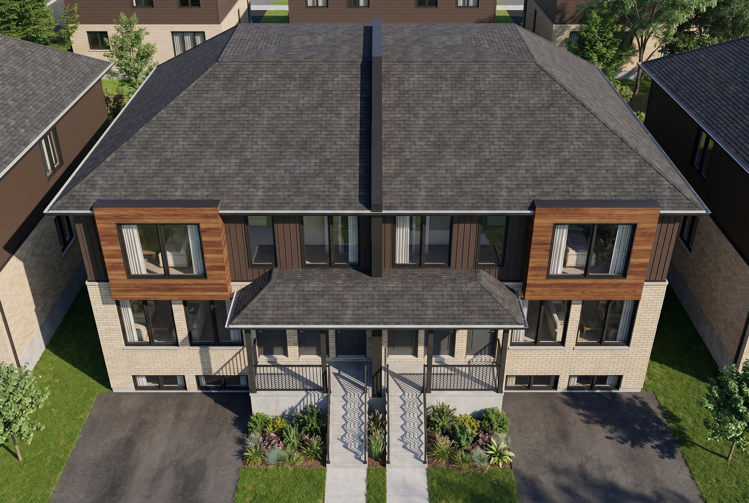 Modern 2-storey semi-detached multiplex design by Dar Architects Inc. Contemporary multi-family facade features light brickwork, black siding, wood accents, and separate unit entries for missing middle housing in Ontario.